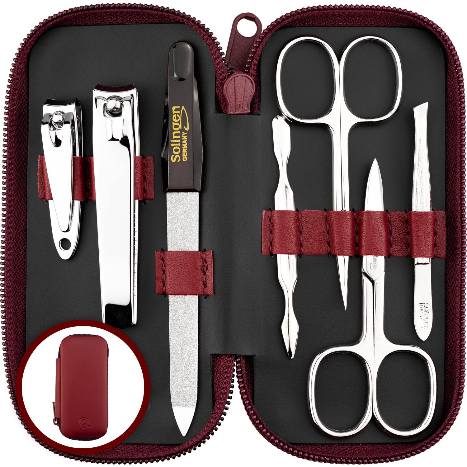 marQus Maniküre-Pediküre-Set Maniküre Set Solingen - Vergleichssieger mit Top Preis/Leistung, Echt Leder Etui handlich und weich, 7teiliges Nagelset aus glanzvernickeltem poliertem Stahl