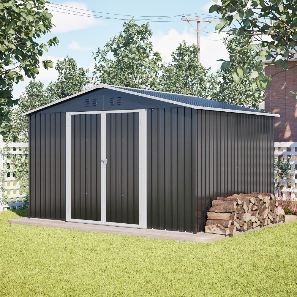 BBWL Gerätehaus 300x252x191 cm mit Satteldach, Schiebetüren, Belüftung, Stahlrahmen, BxT: 300x252 cm, Metall Geräteschuppen Gartenhaus XXXL für Werkzeug
