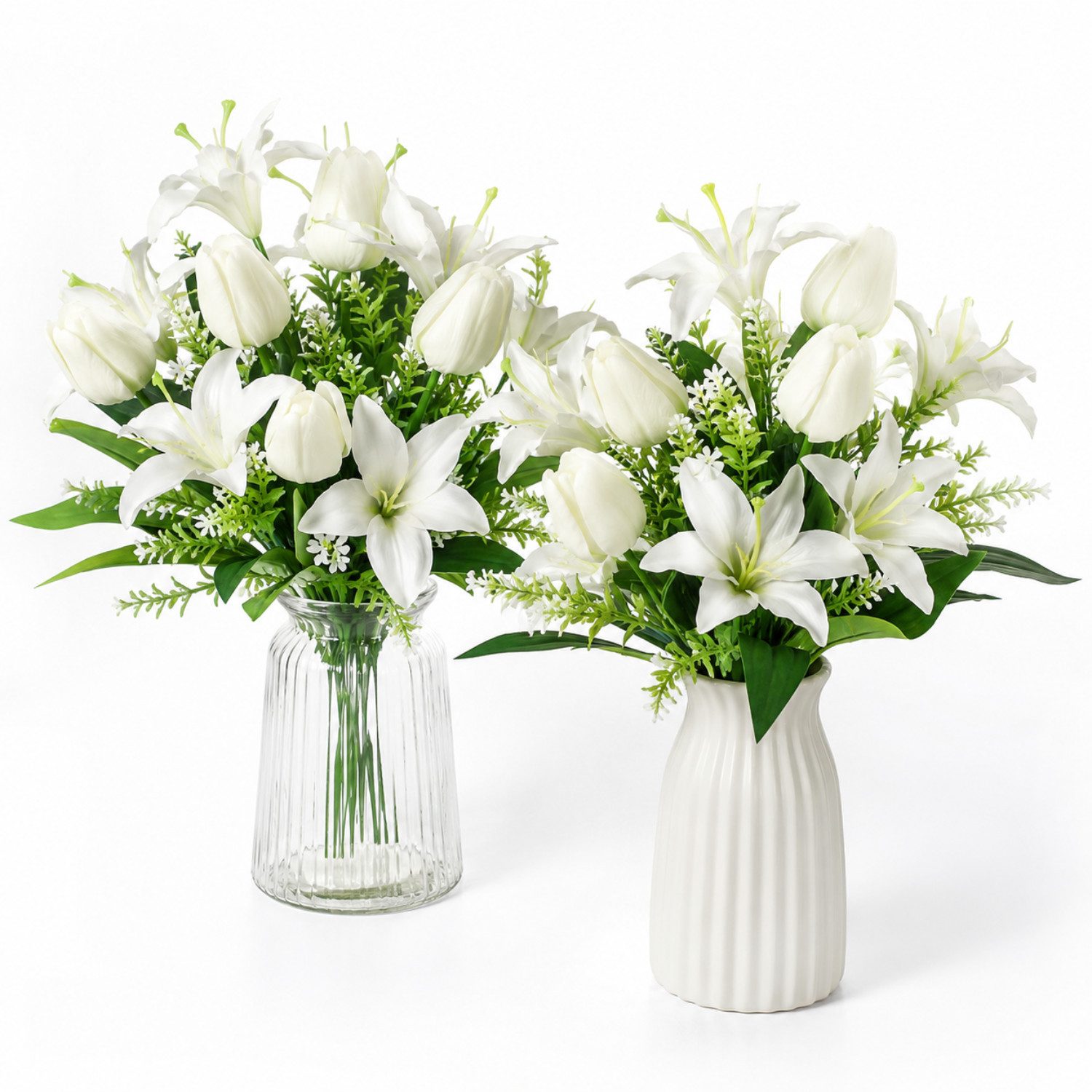 Kunstblumenstrauß Künstliche Blumen Weiß 2er Set, Lilien & Tulpen Kunstblumen Strauß 45 cm Deko Blumen aus Polyester & Kunststoff, Luckice, künstlicher Blumenstrauß für Vase Wohnzimmer Hochzeit Tischdeko
