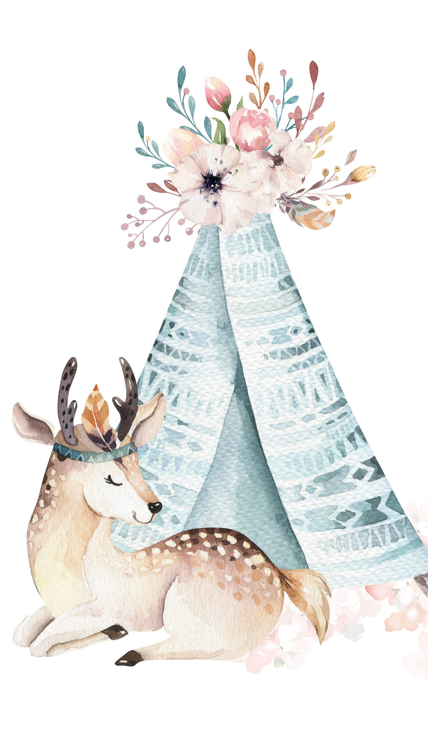 Rasch Fototapete Kinderzimmer mit Reh und Tipi mit Blumenschmuck in Blau, strukturiert, gemustert, (1 Rolle, 1 St), Aquarell-Optik