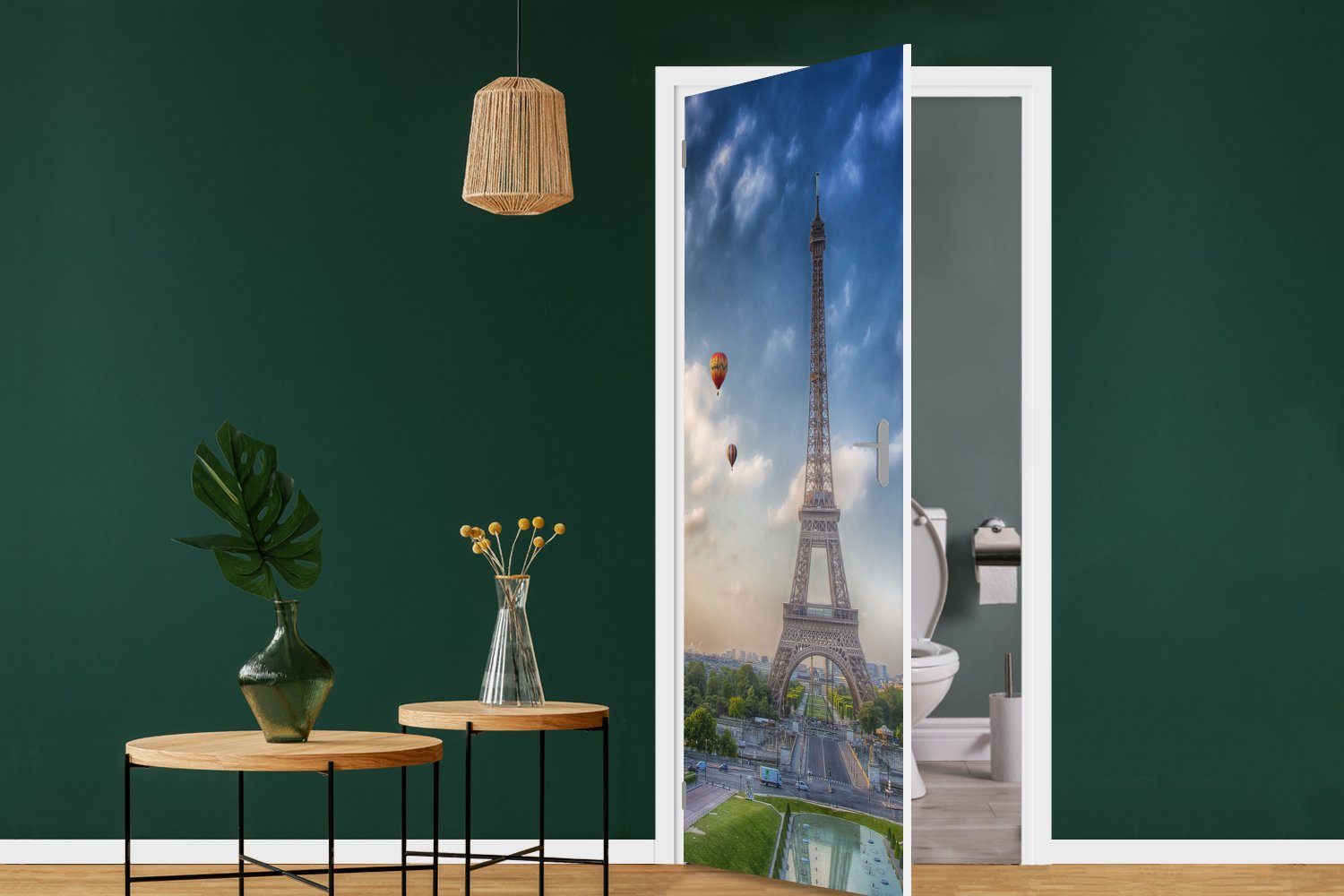 MuchoWow Türtapete Der Eiffelturm Tür, cm bedruckt, 75x205 St), Fototapete über Matt, im Paris, für Hintergrund Heißluftballons (1 Türaufkleber, mit