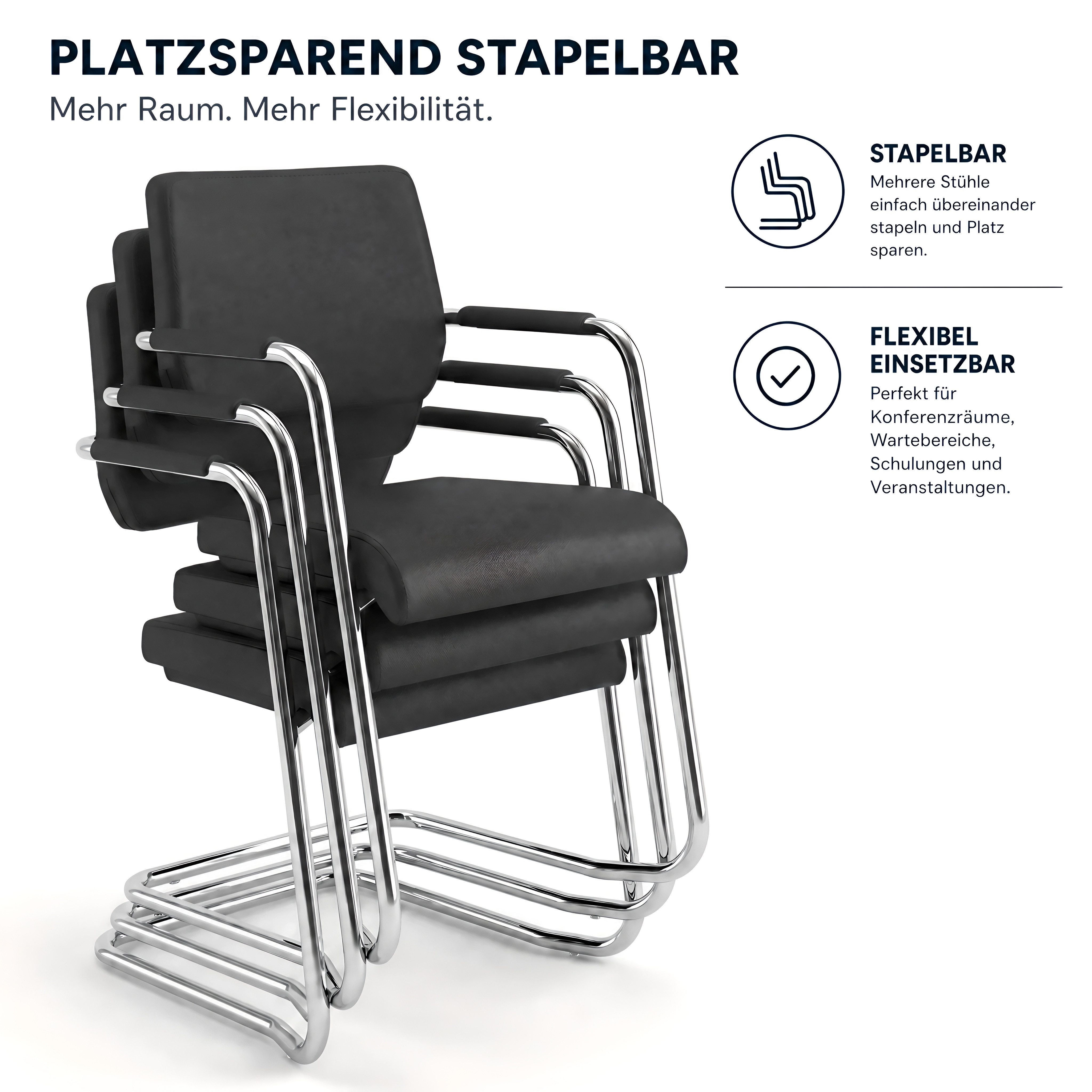 Versee Besucherstuhl Konferenzstuhl V1207 Echtleder Schwarz - robust und stabil, bis 150kg (Freischwinger für Home Office und Büro), gepolstert, stapelbar, echtes Leder