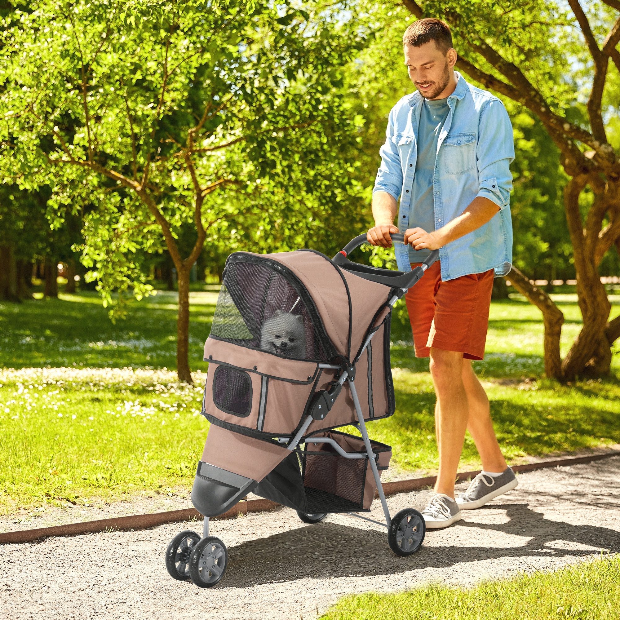 PawHut Hundebuggy Katzenwagen Haustierbuggy verstellbares Verdeck Aufbewahrungskorb, (1-tlg), für Garten, Balkon, Kaffeebraun