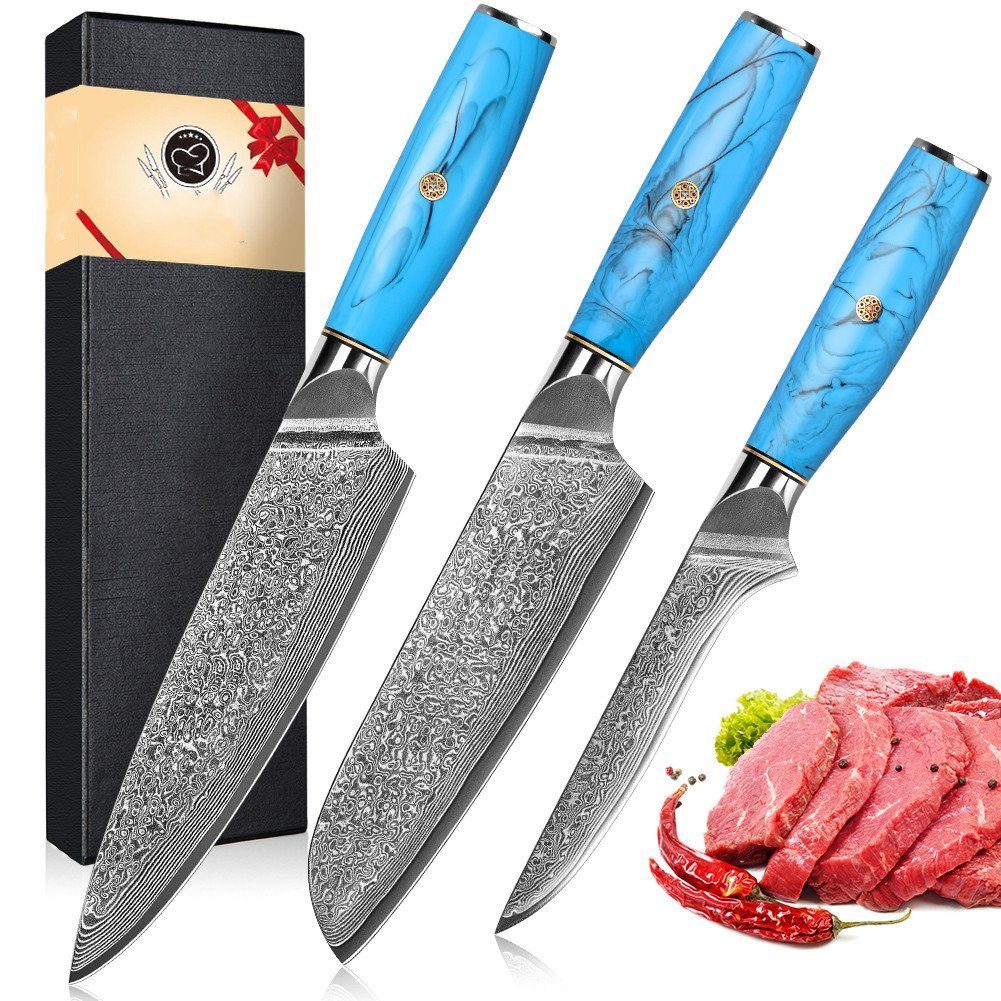 KEENZO Messer-Set 3tlg.Damast Küchenmesser Set Filetiermesser (3-tlg) Santoku Chef