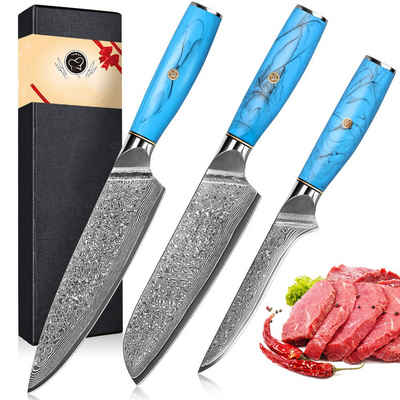 KEENZO Messer-Set 3tlg.Damast Küchenmesser Set Chef Santoku Filetiermesser (3-tlg)