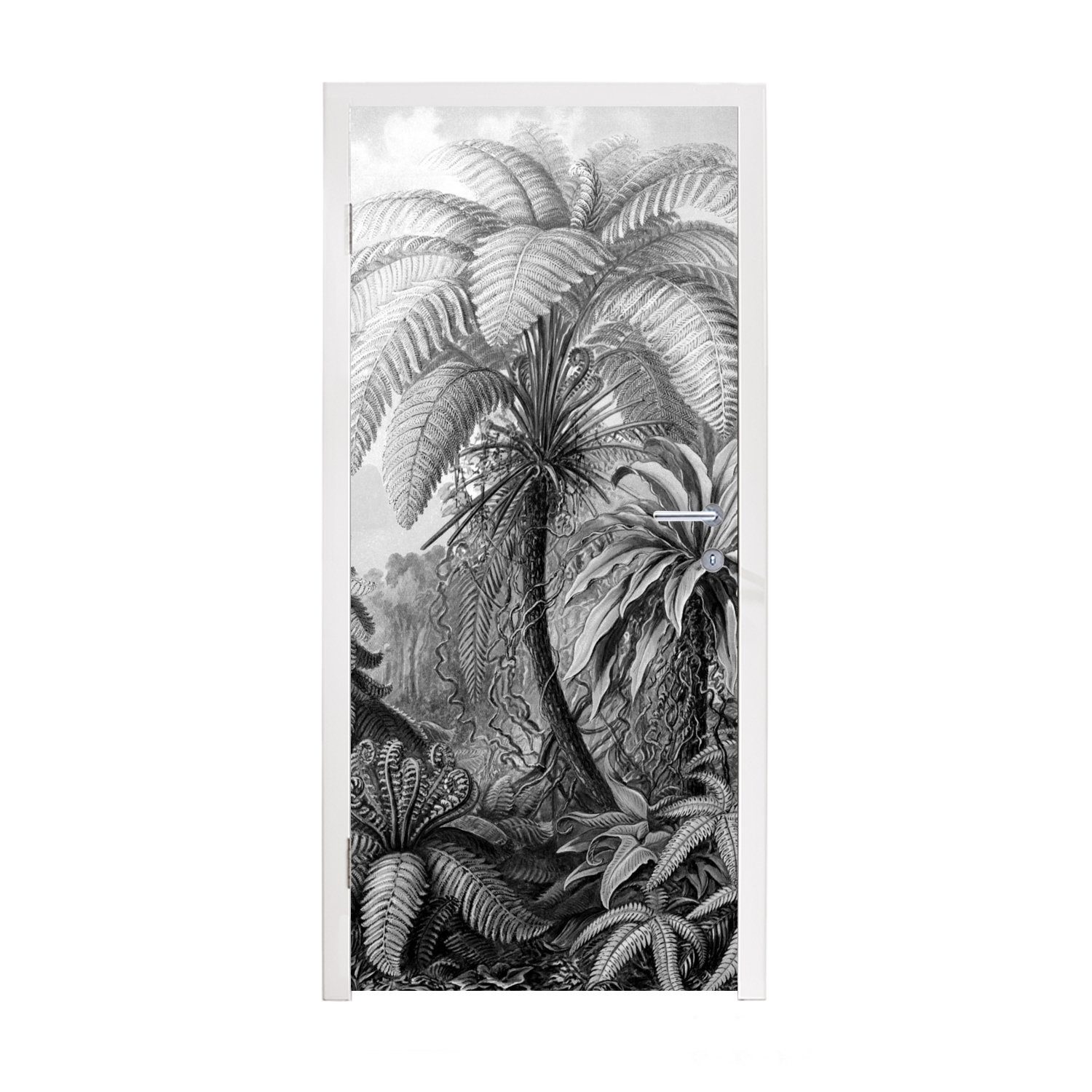 MuchoWow Türtapete Pflanzen - Schwarz und weiß - Design - Illustration - Botanisch, Matt, bedruckt, (1 St), Fototapete für Tür, Türaufkleber, 75x205 cm