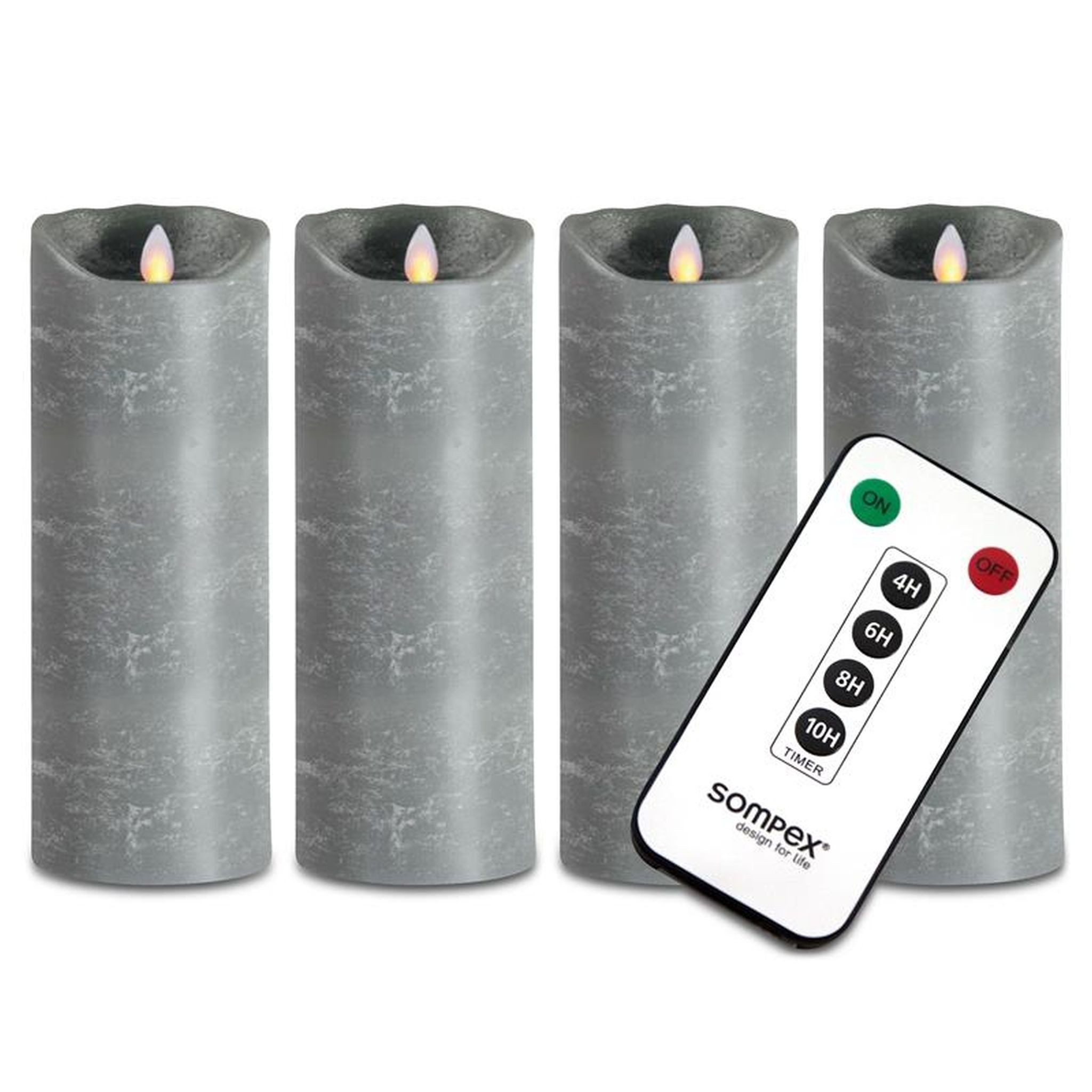 SOMPEX LED-Kerze 4er Set Sompex LED Echtwachskerze grau 8x23cm inkl. Fernbedienung, warmweiß, fernbedienbar, integrierter Timer, Echtwachs