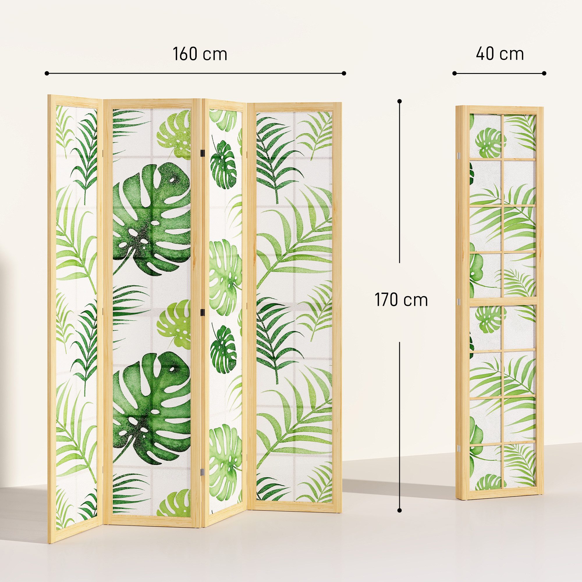 HOMCOM Paravent Sichtschutz aus Kiefernholz Trennwand mit Palmenblatt-Design (Tragbarer Sichtschutz, 1 St., 4-teilig Raumteiler), für Wohnzimmer, Arbeitszimmer, Naturholz+Grün
