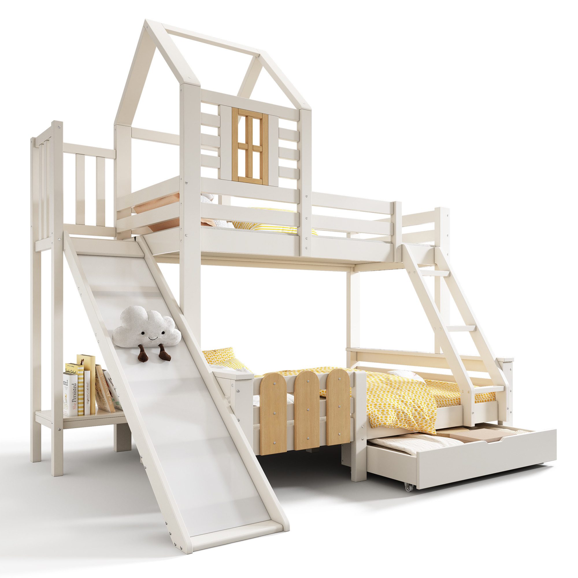 Fanttik Etagenbett Etagenbett Bett mit Schublade Rutsche und Leiter (2 set, Bett), 90x200 & 140x200 cm Kinderbett Hochbett mit Lattenrost