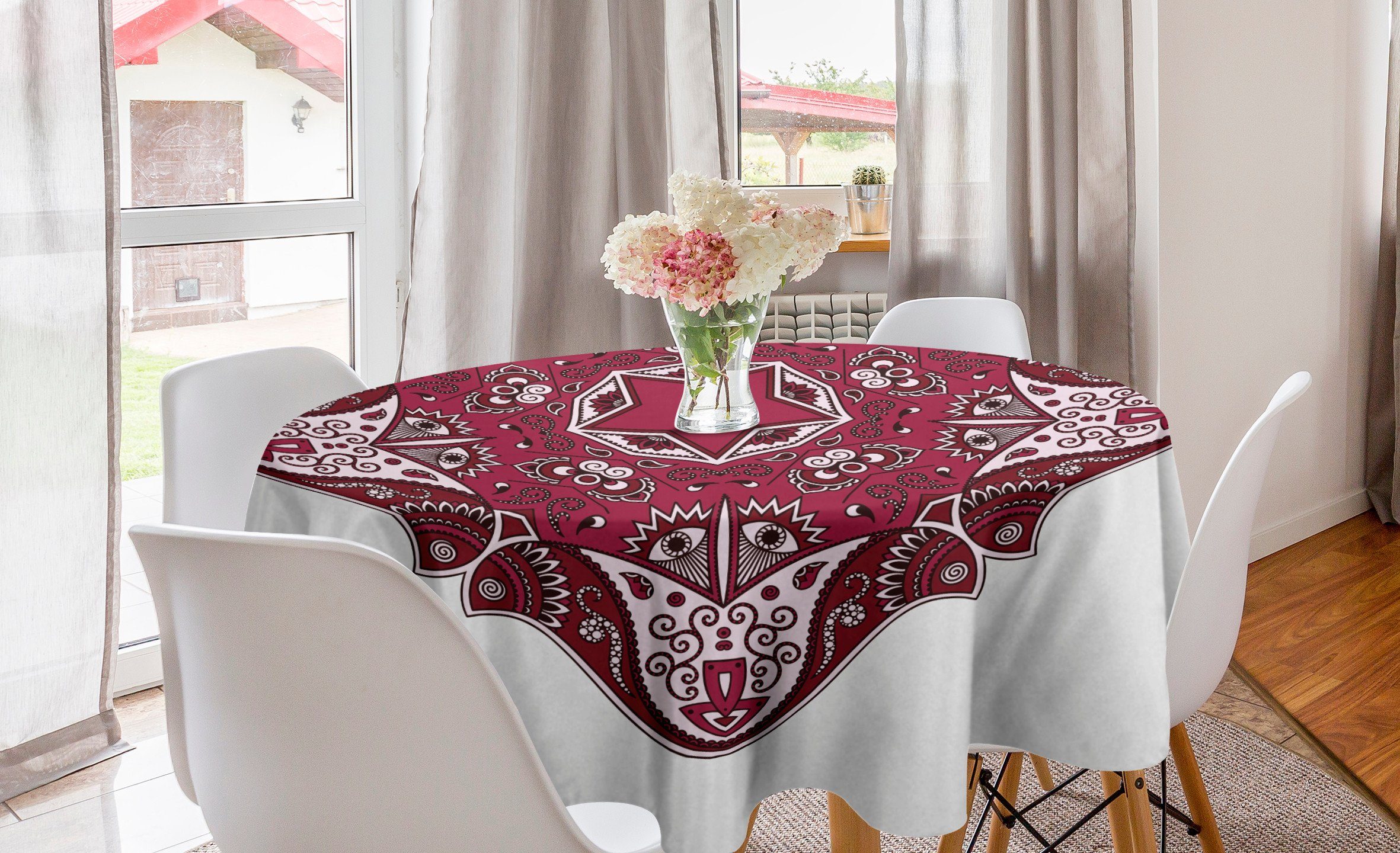 Abakuhaus Tischdecke Kreis Tischdecke Abdeckung für Esszimmer Küche Dekoration, Stammes Maroon Mandala Asian