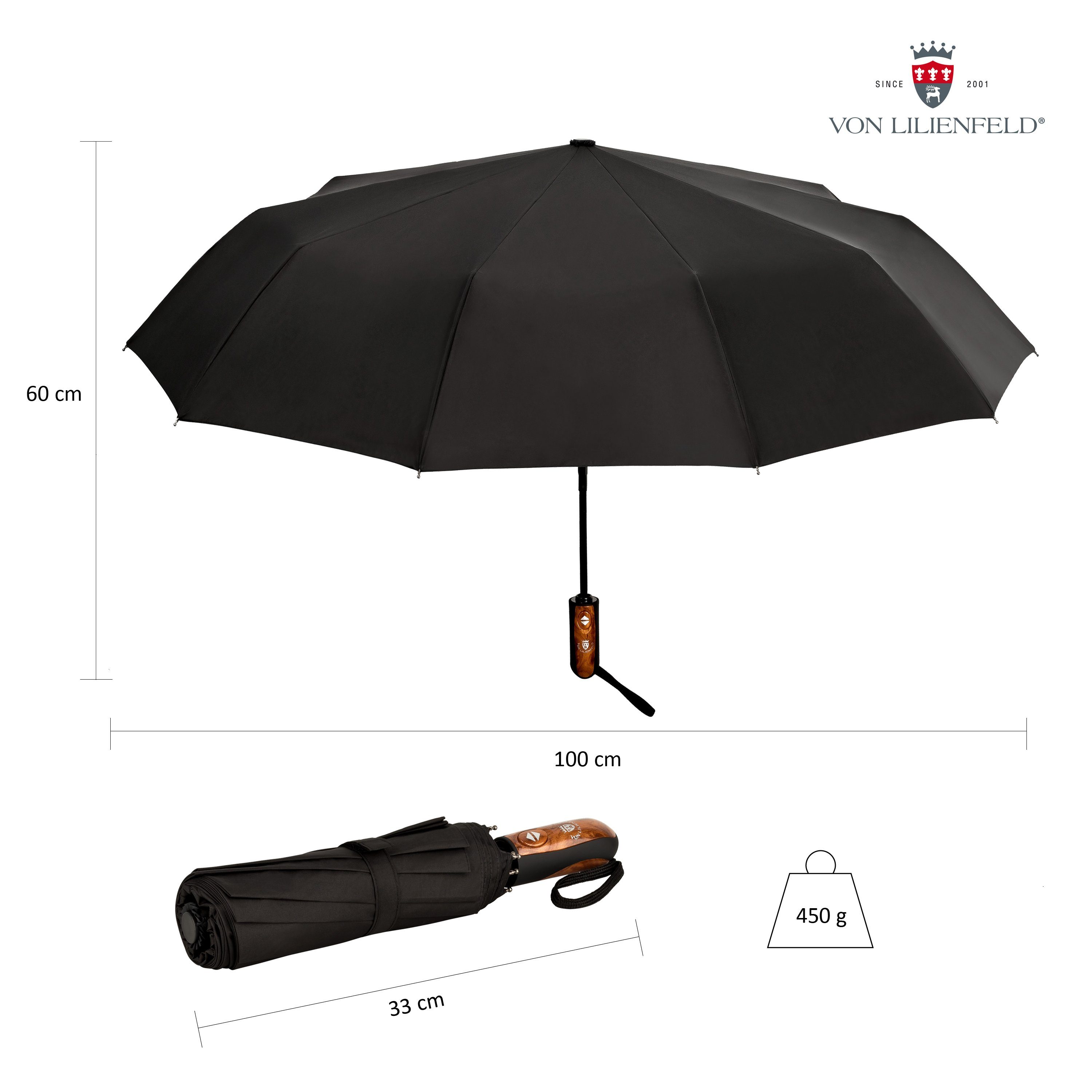 von Lilienfeld Taschenregenschirm Schirm schwarz schnelltrocknend Clark extrem Auf-Zu-Automatik wasserabweisend, mit Reise-Etu Teflonbeschichtung