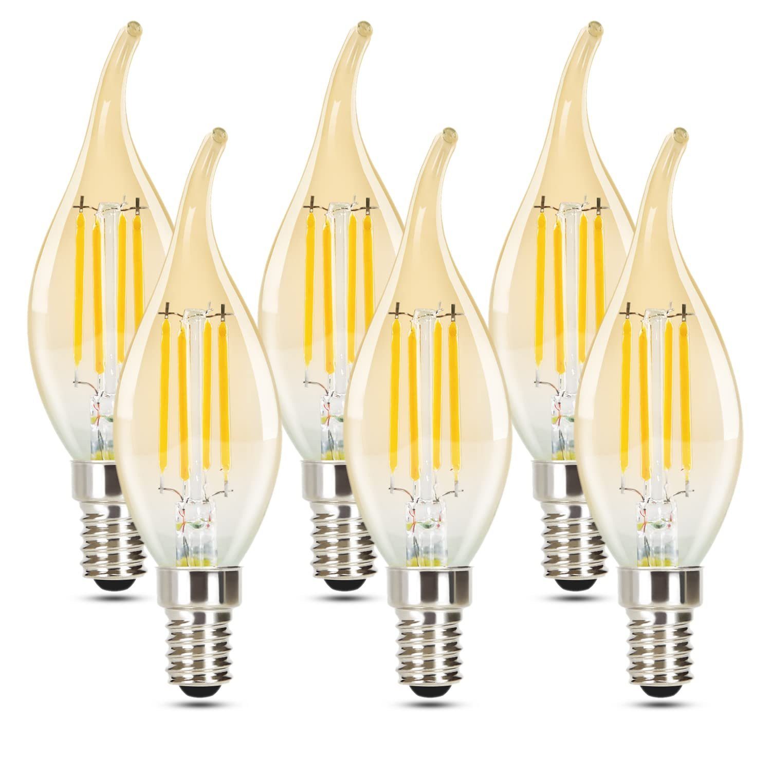 Nettlife LED-Leuchtmittel 6 Stück E14 2700K kerze Birne 4W Filament Retro Edison Glühlampe, E14, 6 St., Warmweiß