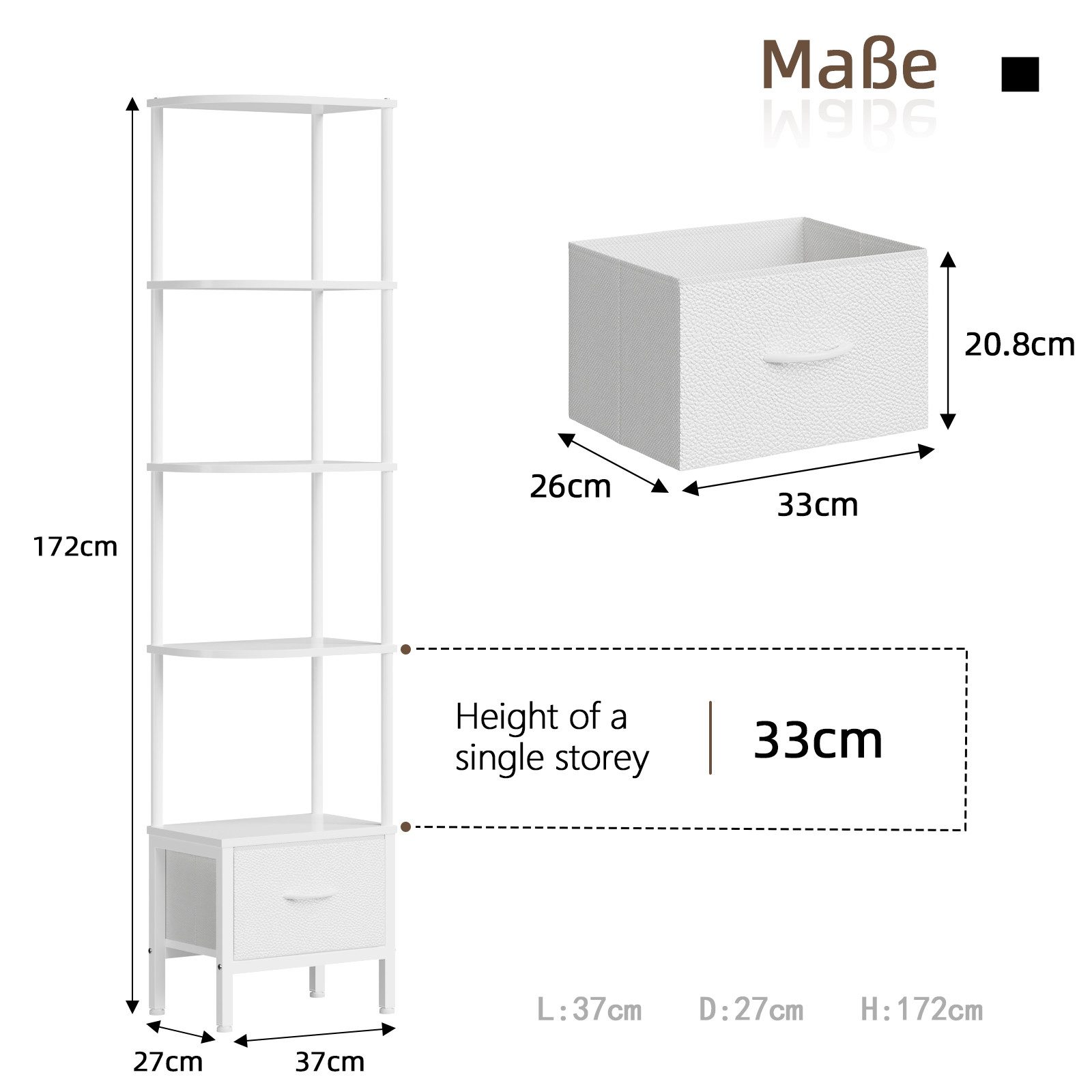 OYRREU Eckregal mit LED-Beleuchtung & Stoffbox, Bücherregal, 5 Ebenen, App-gesteuerte LED-Beleuchtung (Helligkeit & Farbe einstellbar)
