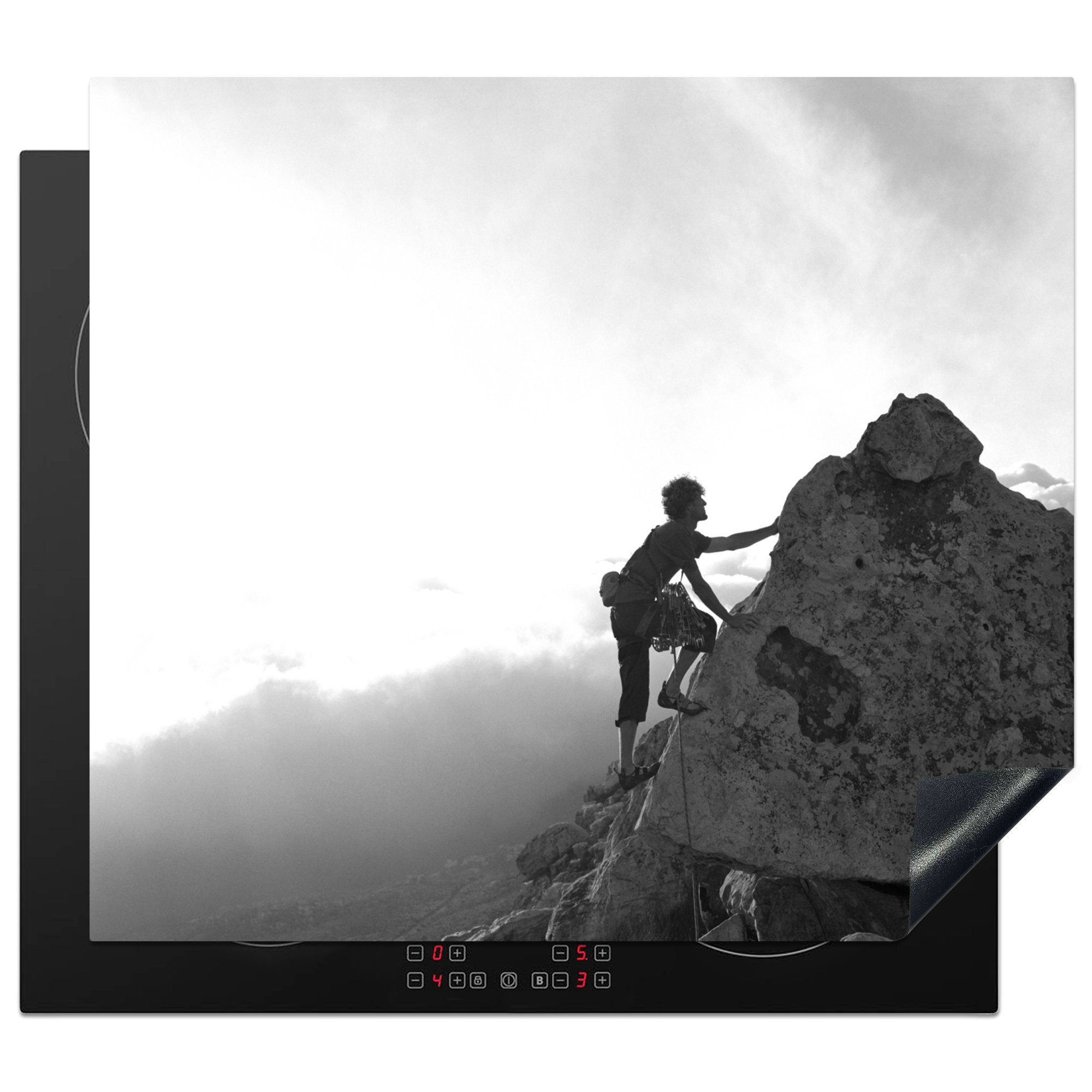 MuchoWow Herdblende-/Abdeckplatte Bergsteiger erreicht den Gipfel - schwarz und weiß, Vinyl, (1 tlg), 60x52 cm, Mobile Arbeitsfläche nutzbar, Ceranfeldabdeckung