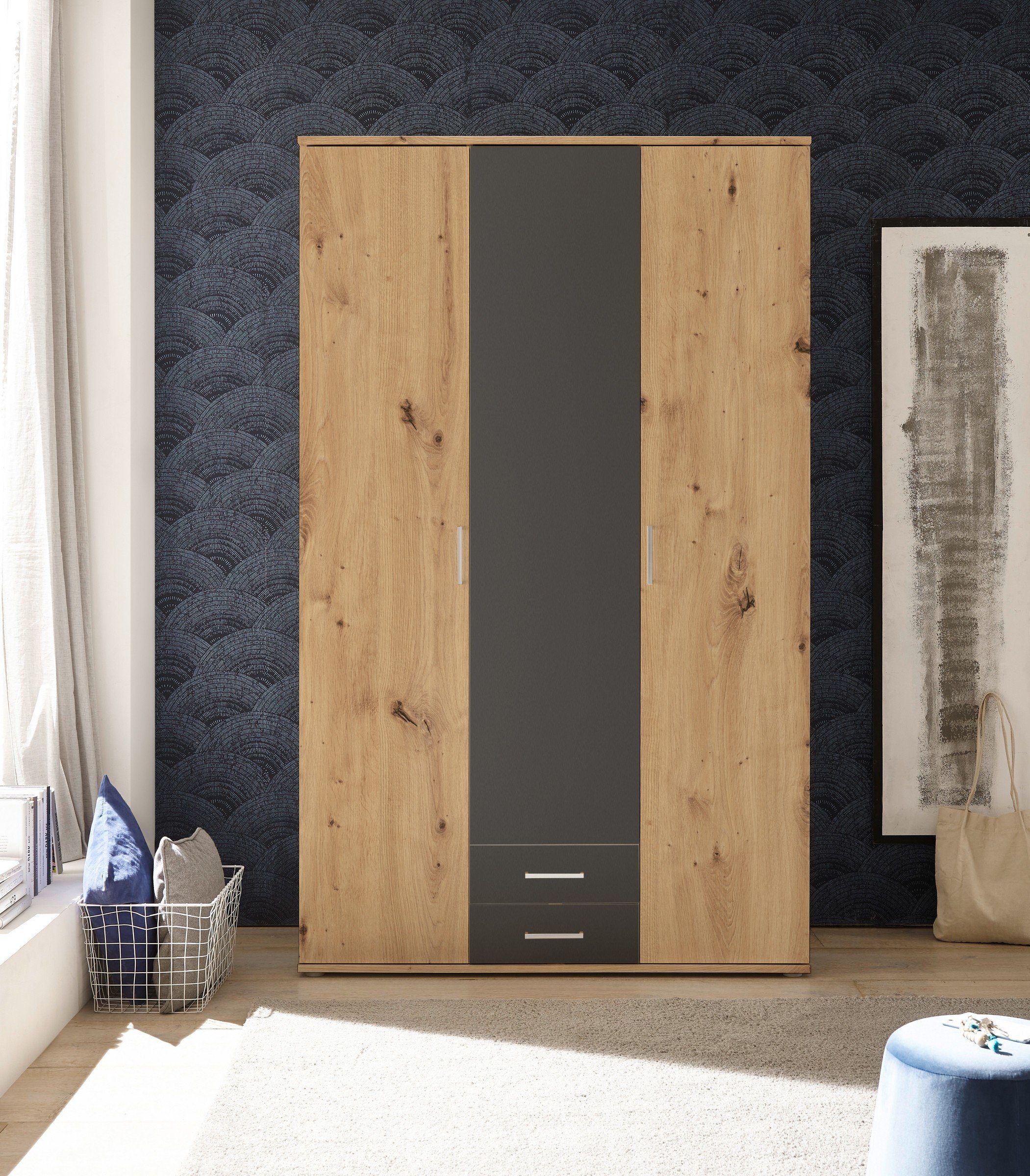Pol-Power Kleiderschrank in Artisan Eiche / Graphit mit 2 Schubladen und 3 Türen (BxHxT: 120x196x54 cm)