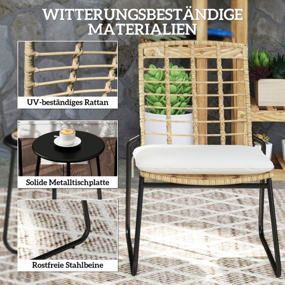 REDOM Sitzgruppe 3-tlg. Ø 40x46 cm in Beige, 2 Stapelstühle + Tisch, inkl. Sitzkissen, (Set, 3-tlg., Leichte Pflege & robuste Konstruktion – platzsparend), Wetterfeste Sitzgruppe für 2 Personen – für Balkon, Terrasse & Garten
