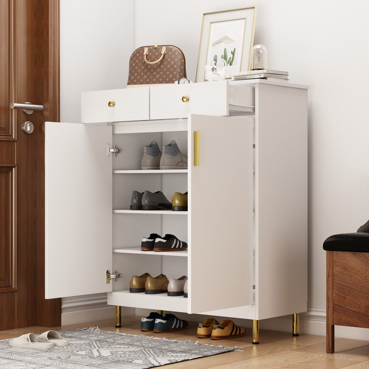 FUFU&GAGA Schuhschrank Weiß Gold, Schuhschrank mit 2 Schubladen und Türen