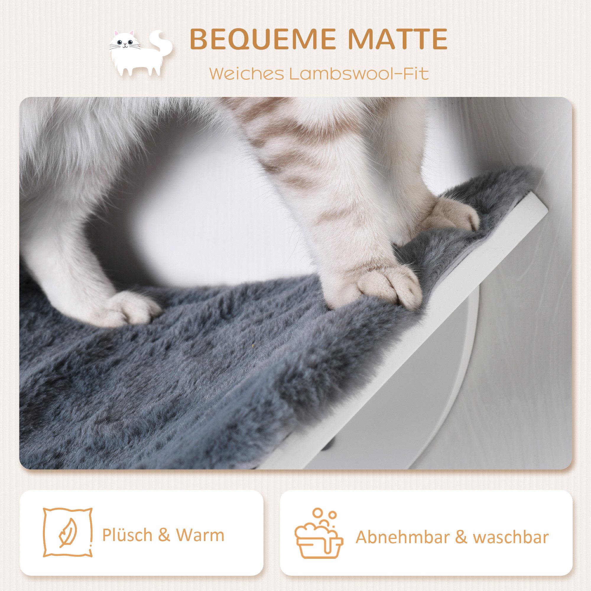 PawHut Kratzbaum Katzenliege Katzen Wandliege Wandmontage Plüschauflage MDF Weiß+Grau, Grau 41 x 28 x 21 cm