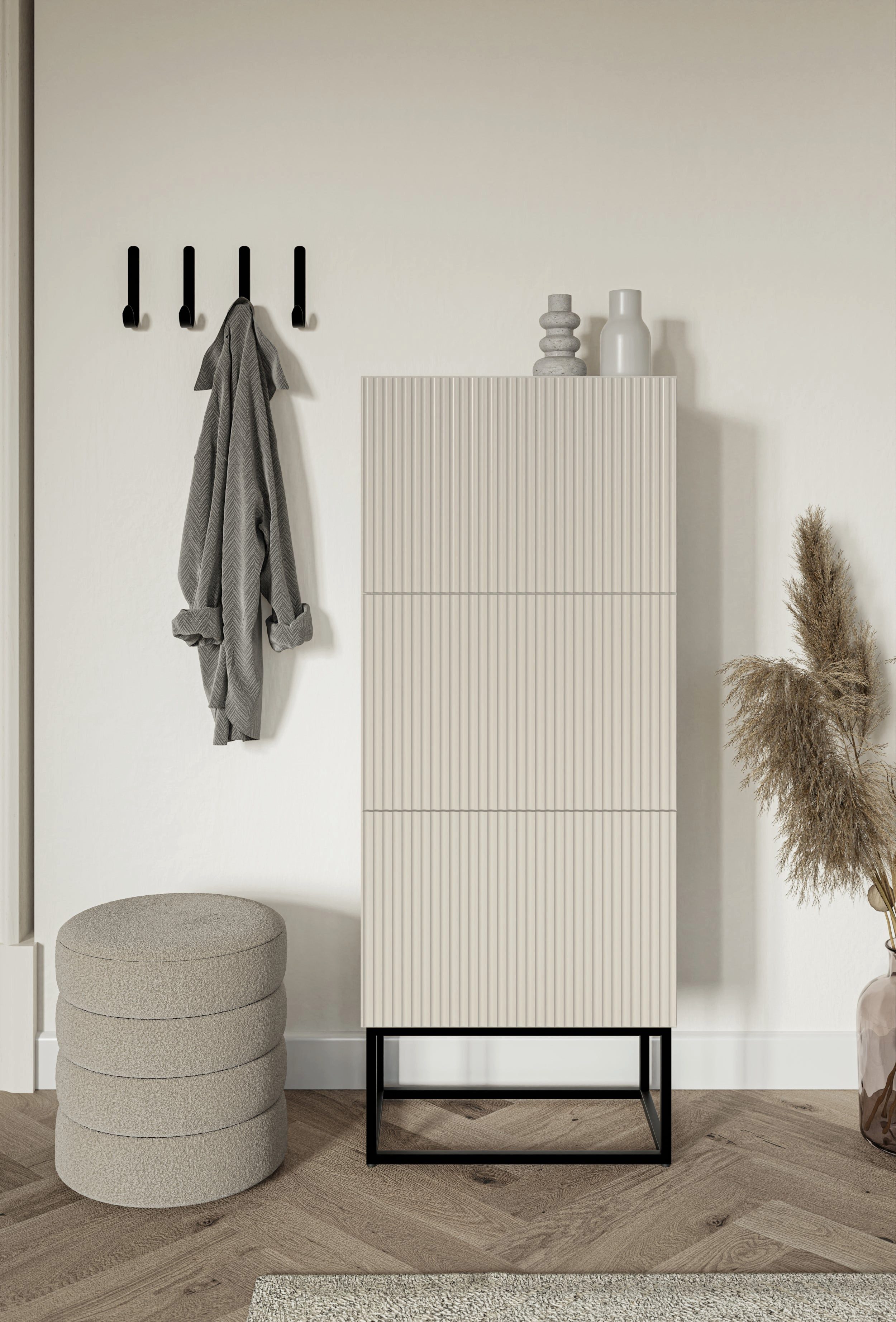 Selsey Schuhschrank VELDIO 3 Klappen mit geriffelten Fronten, schwarzes Metallgestell, 50 cm