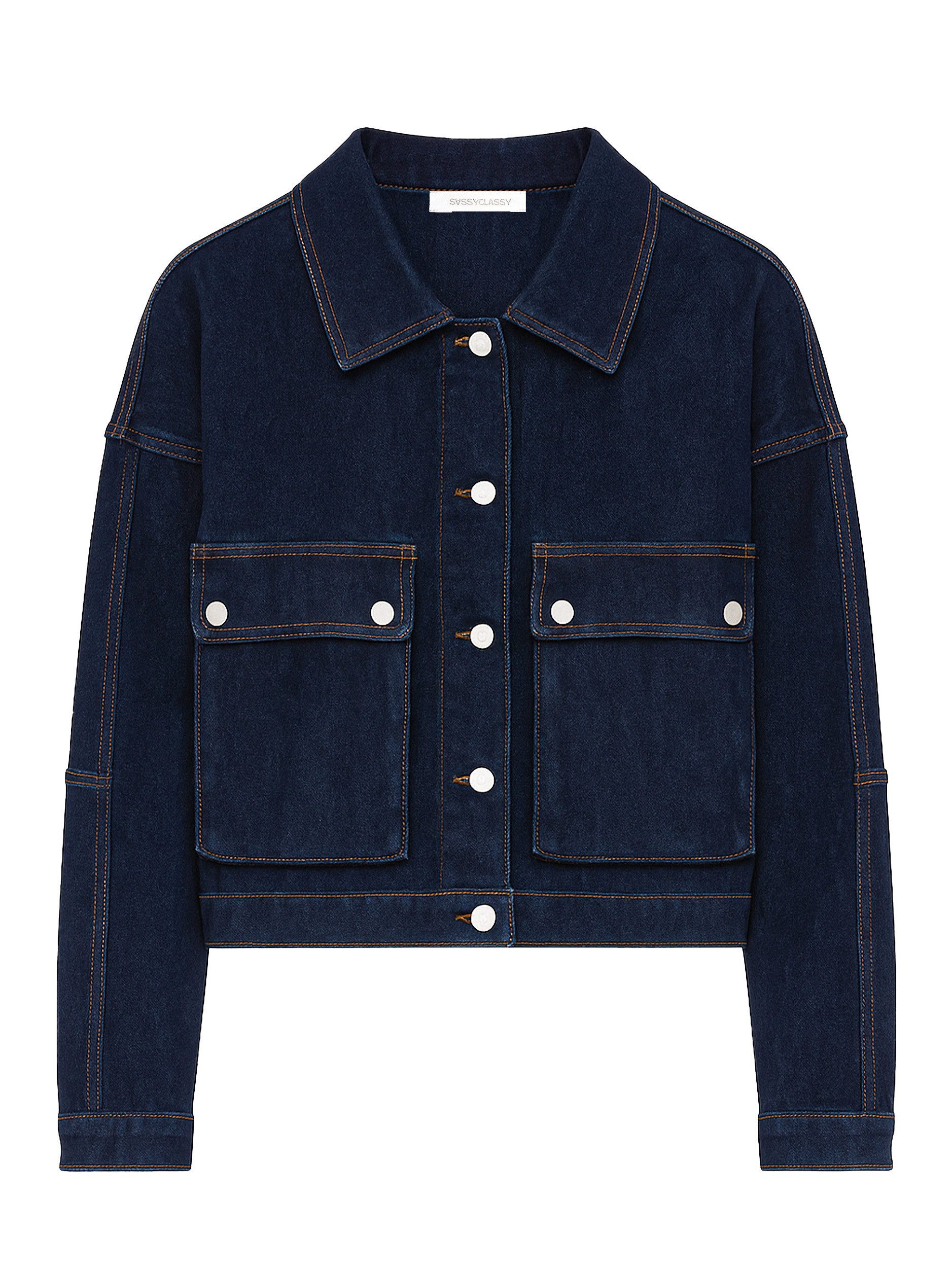 SASSYCLASSY Jeansjacke Oversize Jeans Jacke mit Taschen für Damen Jeans Jacke mit großen Seitentaschen lässiger Schnitt dunkelblau