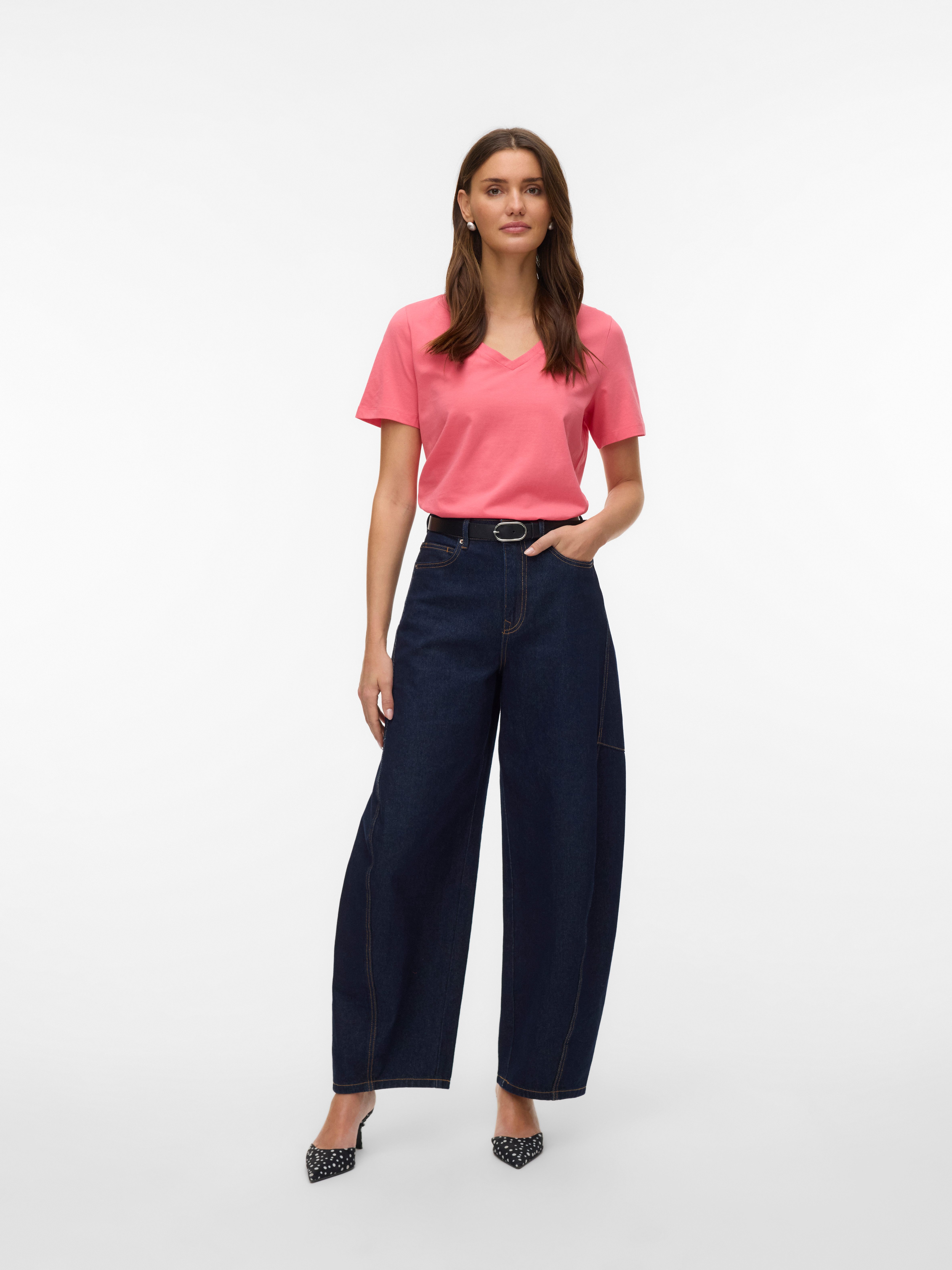 Vero Moda Kurzarmshirt VMPAULINA SS V-NECK T-SHIRT JRS NOOS Baumwolle