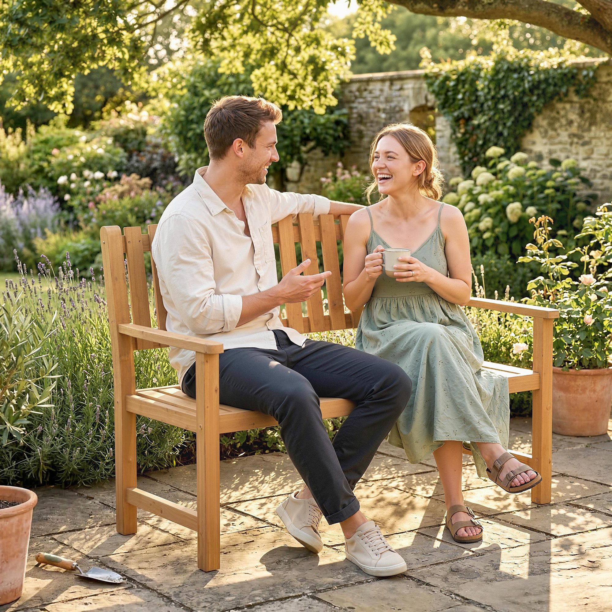 Outsunny Gartenbank Holz Sitzbank mit Lamelldesign Armlehnen, Akazienholz bis 320kg (Balkonbank, 1-St., Holzbank), für Garten Balkon Terrasse 112 x 64 x 92 cm Naturholz