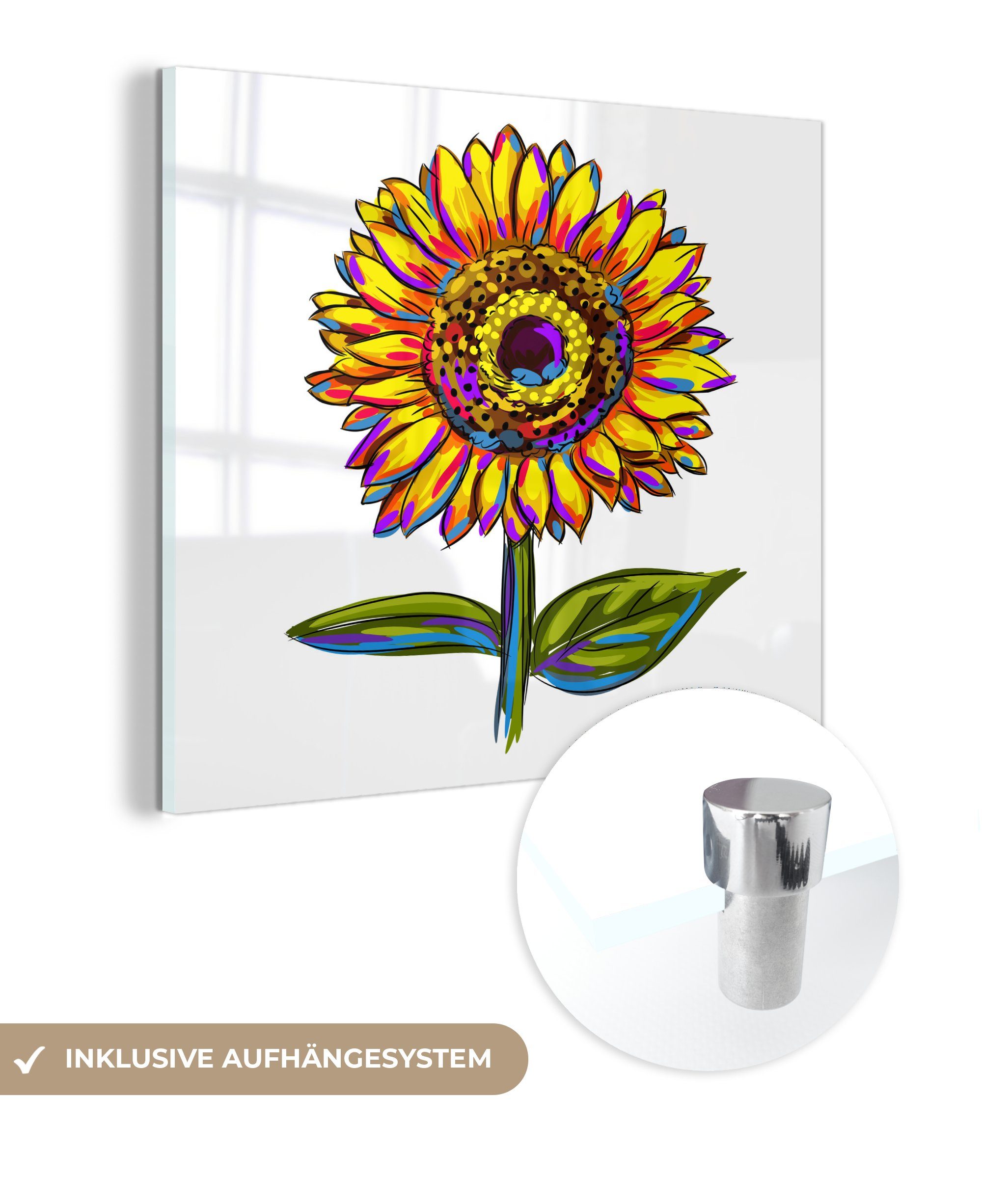 MuchoWow Acrylglasbild Illustration einer bunten Sonnenblume, (1 St), Glasbilder - Bilder auf Glas Wandbild - Foto auf Glas - Wanddekoration