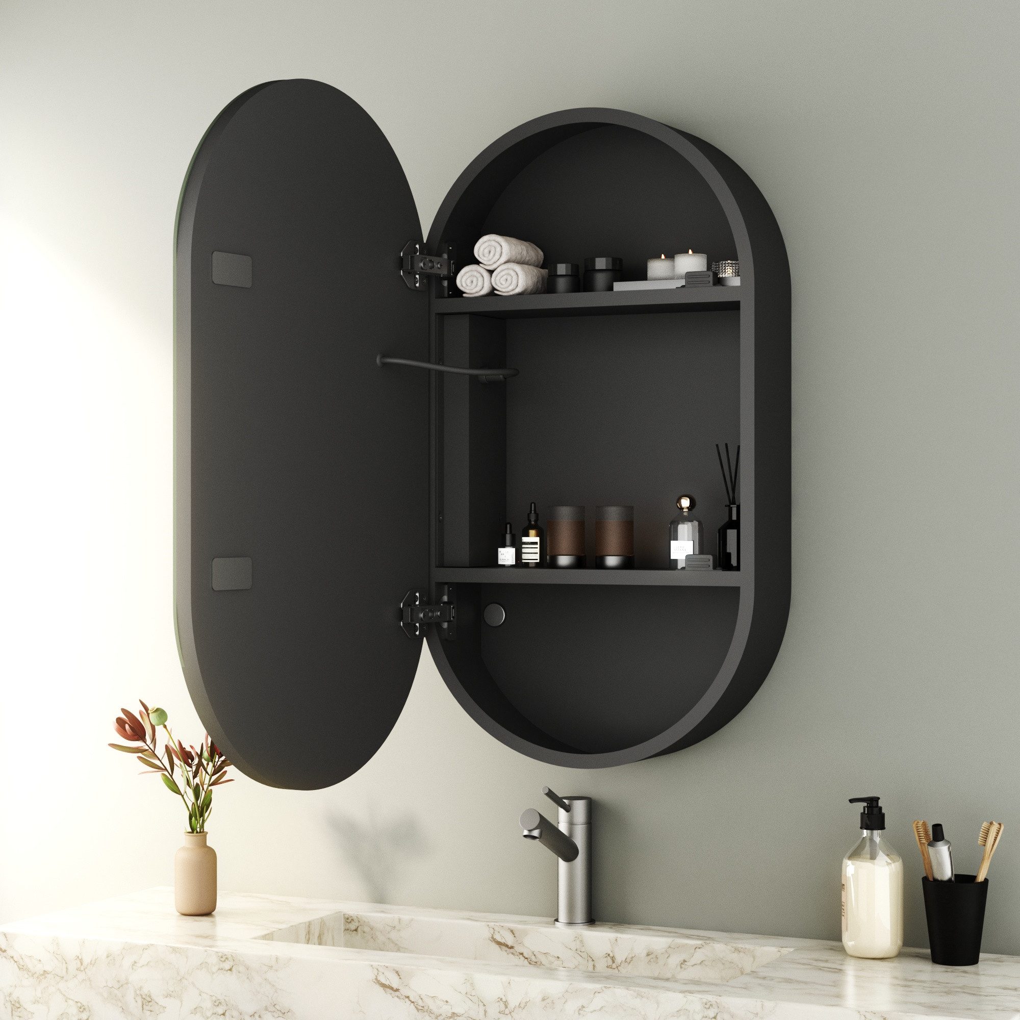 WDWRITTI Spiegelschrank Bad mit Beleuchtung Oval LED Badezimmerspiegelschrank Schwarz (Schrank 40x13x70cm mit 3Lichtmodi, Anti-fog, Helligkeit einstellbar) Speicherfunktion