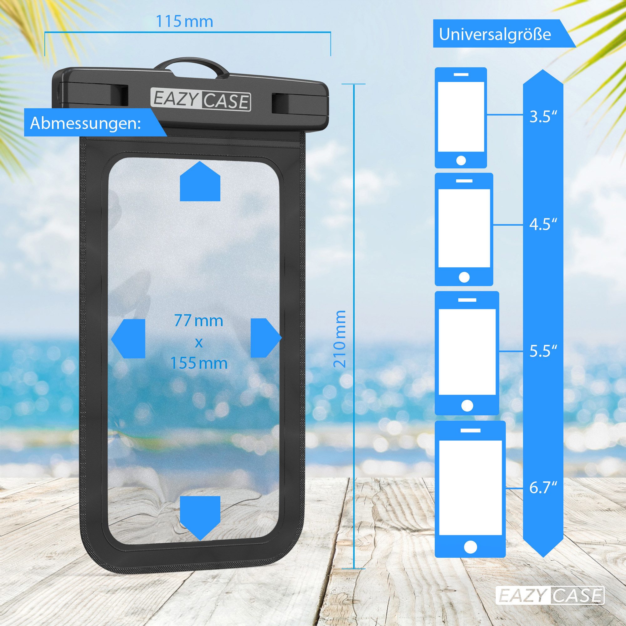 EAZY CASE Handyhülle Universal Unterwasser-Tasche für viele Geräte 3,5 - 6,7 Zoll, Handyhülle mit Band, wasserfeste Tasche mit Band Unterwasser Schwarz