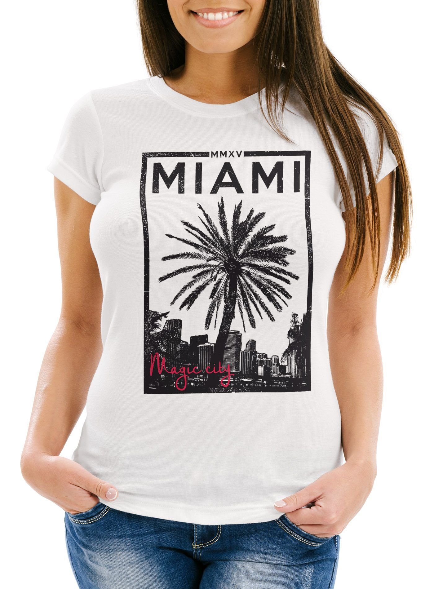 Neverless Print-Shirt Damen T-Shirt Miami Beach Palmen Skyline Slim Fit mit Print