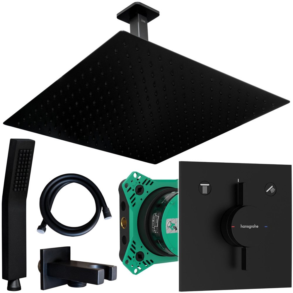Hansgrohe und Jowi Duscharmatur DuoTurn E Unterputz Duscharmatur, Duschsystem Schwarz, Deckenanschluss (Unterputz-Duschsystem) Kopfbrause und Brausearm aus Edelstahl