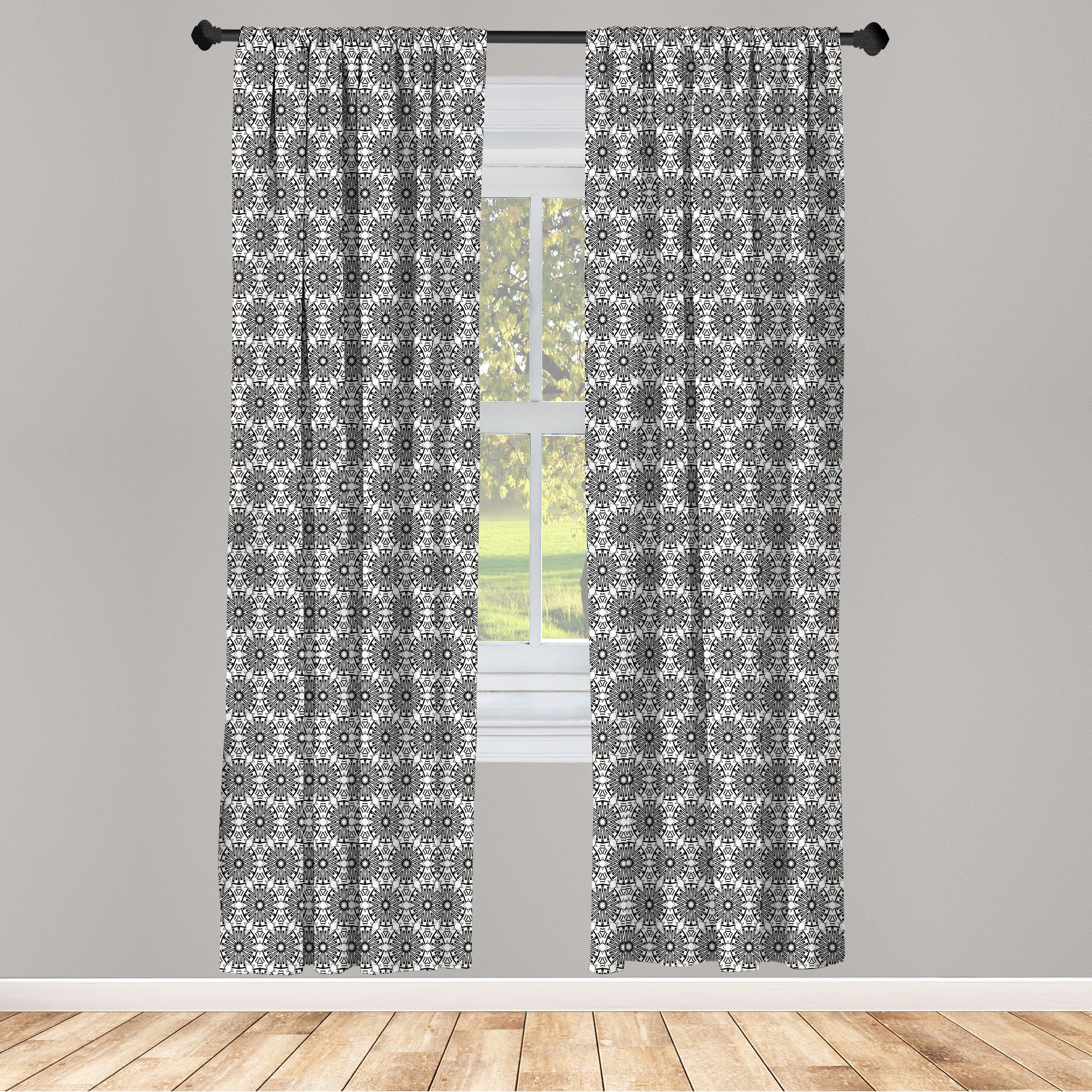 Gardine Vorhang für Wohnzimmer Schlafzimmer Dekor, Abakuhaus, Microfaser, Abstrakte Geometrie monochrome Blume | Fertiggardinen
