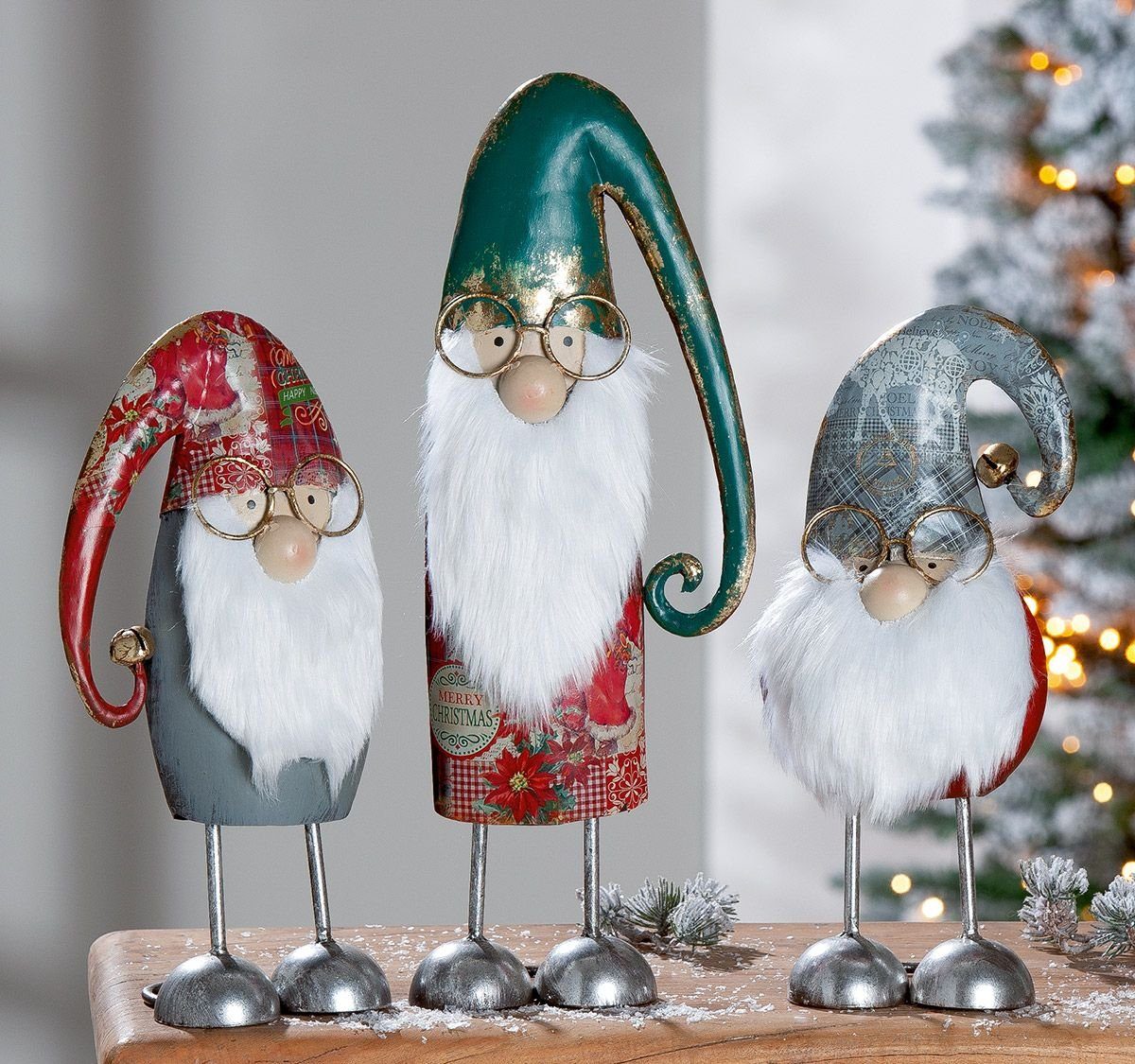 GILDE Dekoobjekt 3er Set Metall Santa mit Brille – Charmante Festlichkeitsakzente für I