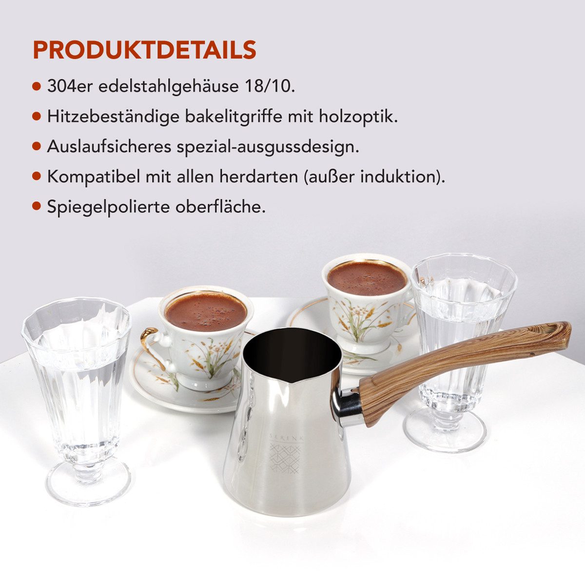 SERENK Kaffeekanne Serenk Kaffeekännchen Set 4-tlg Edelstahl Cezve mit Ständer, (4-St) – Bild 4 von 5