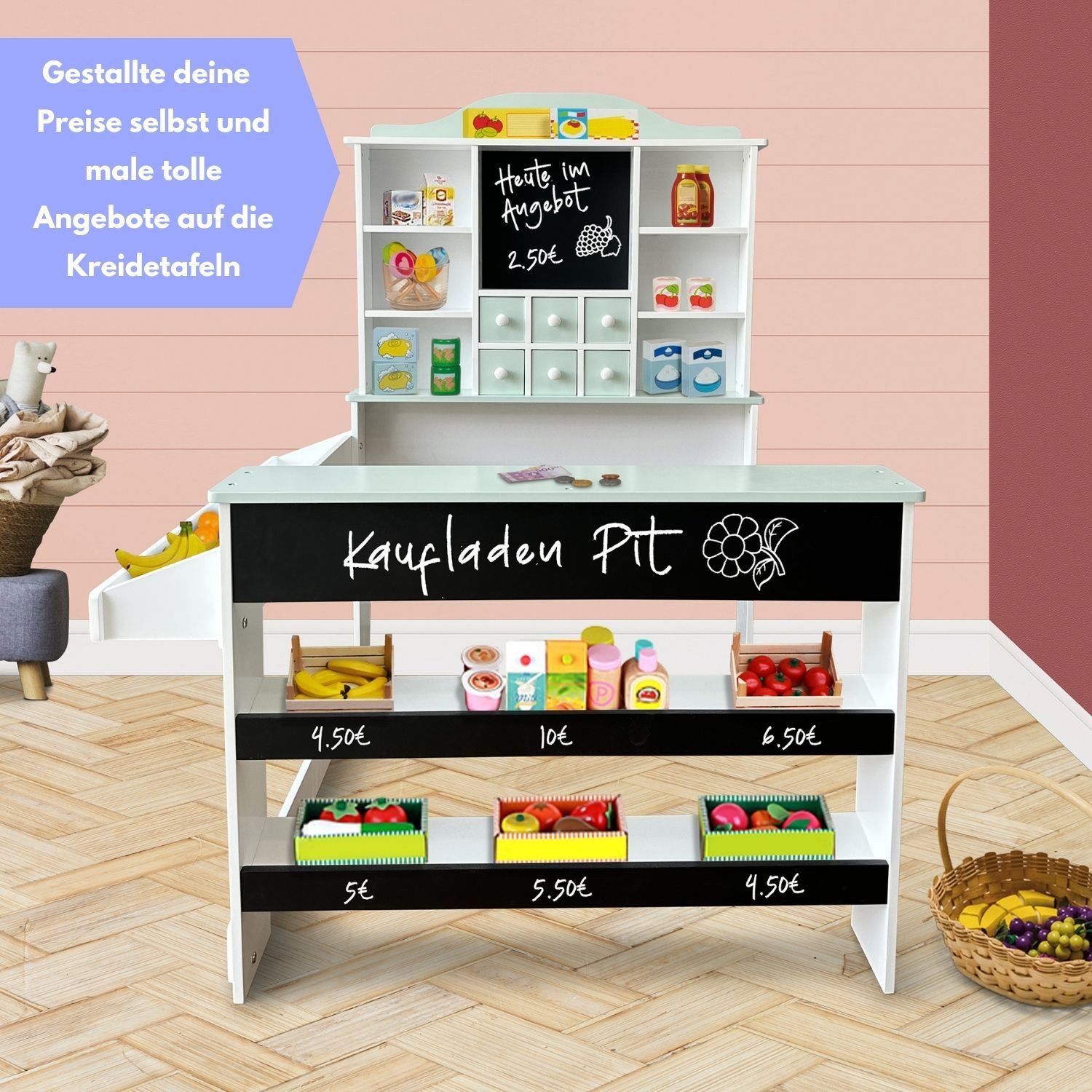 Coemo Kaufladen PIT, Grün Verkaufsstand Kaufmannsladen Holz + Kreidestift Tafel Schubladen