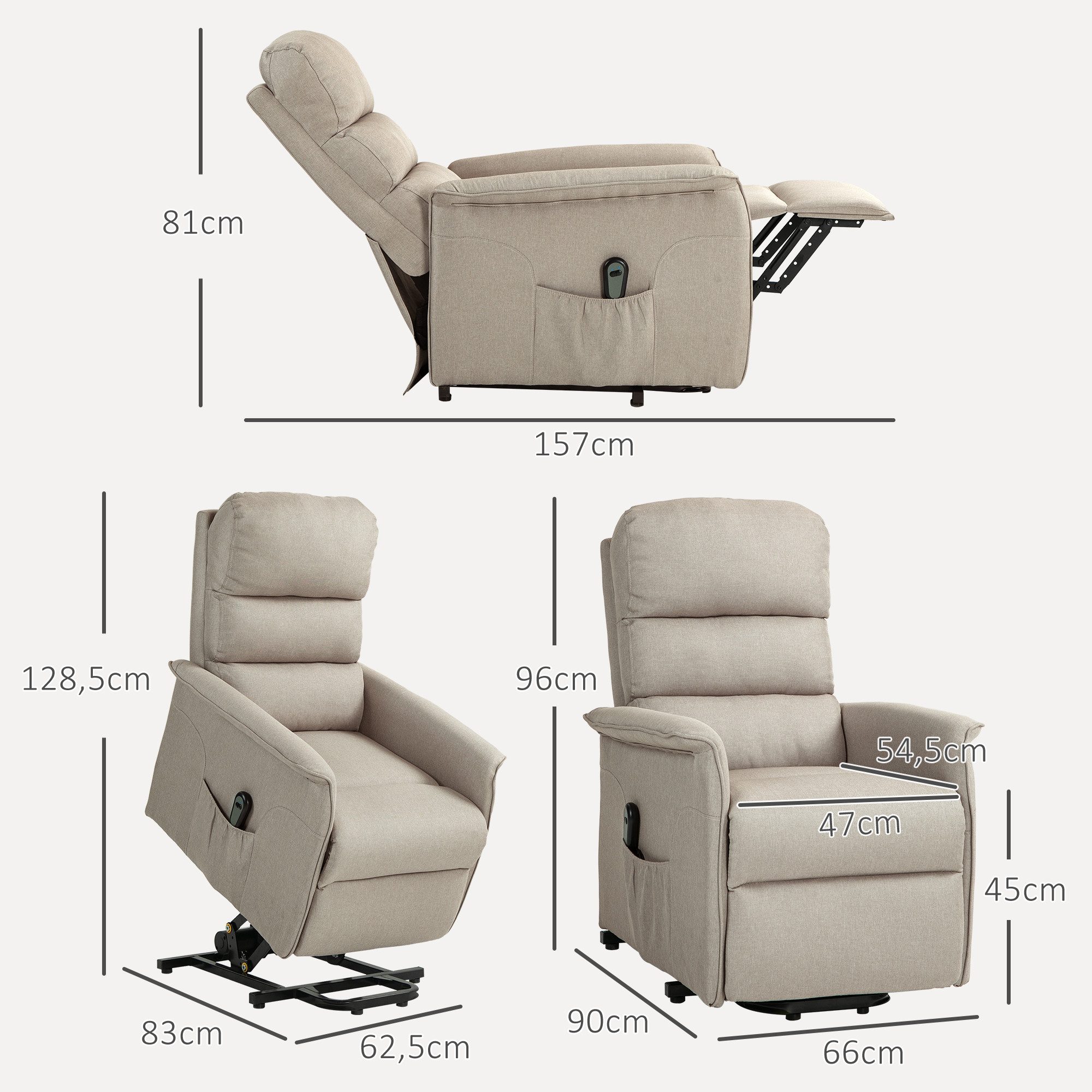 HOMCOM Relaxsessel Sessel mit Leinenoptik, Taschenfeder und Fernbedienung (TV-Sessel, 1-St., Fernsehsessel), für Wohnzimmer, Beige