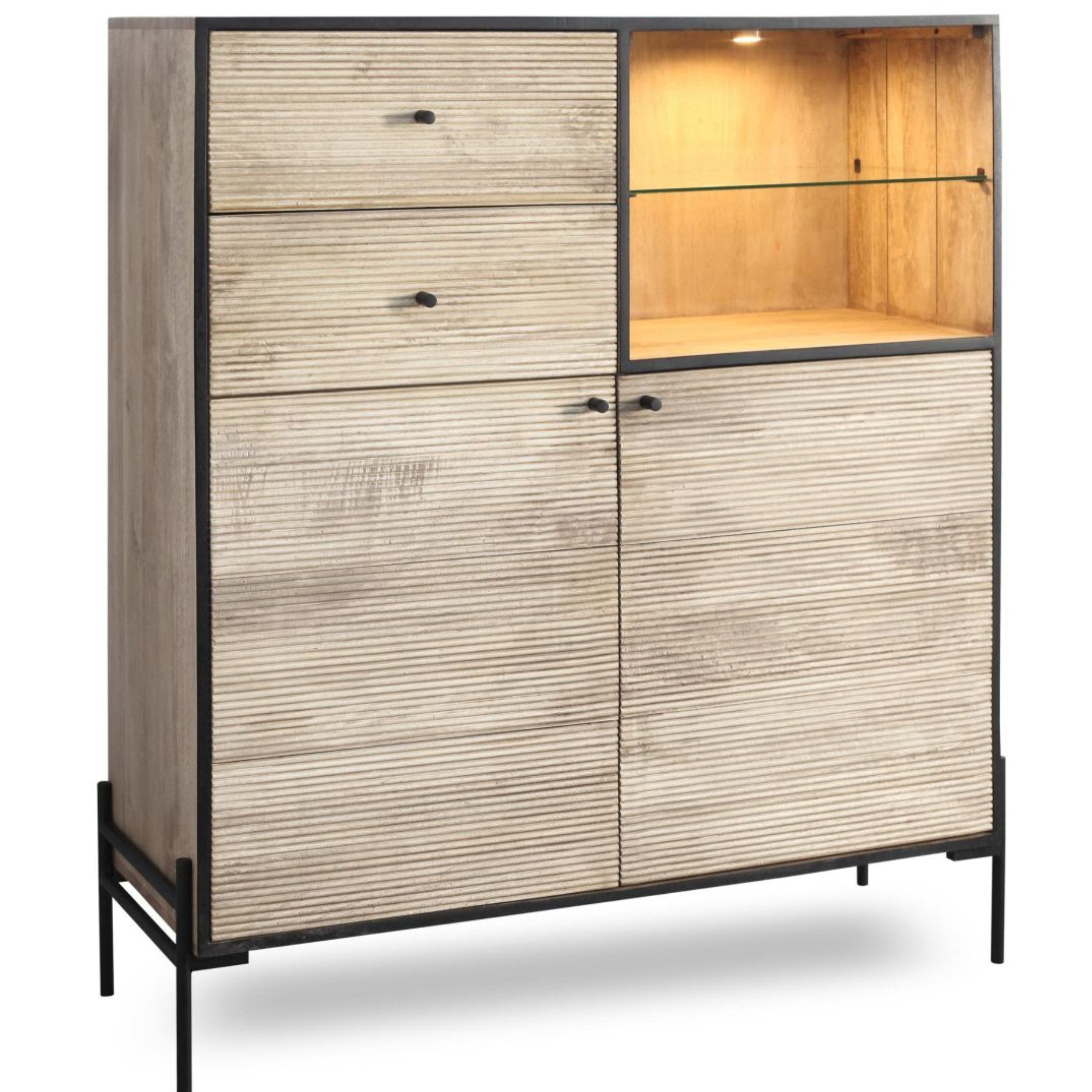 WOLF MÖBEL Sideboard (118 x 40 x 135), REEL Highboard 2 Schubl./ 2 Türen / 1 Glasboden / Licht