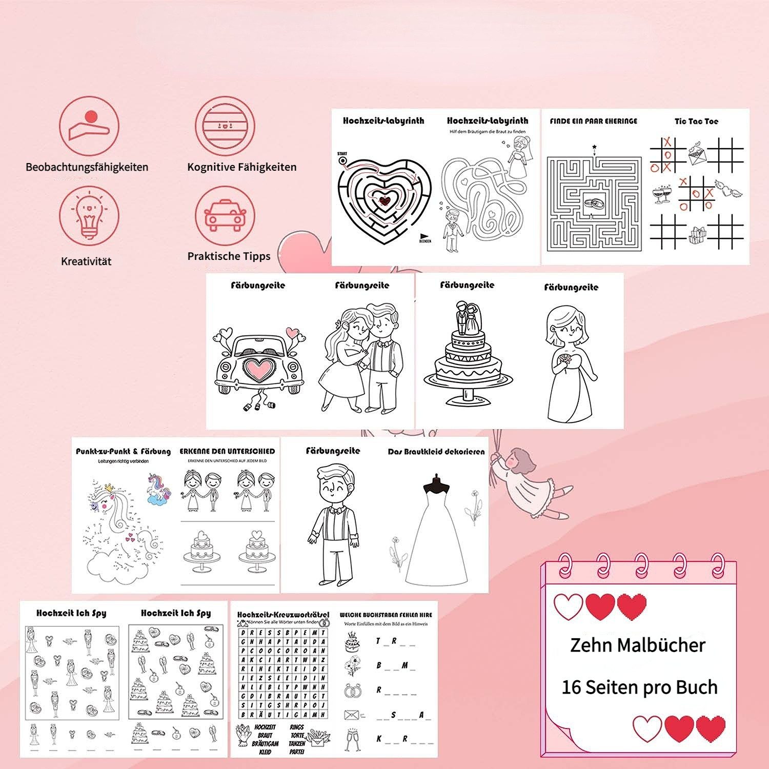 Blusmart Malblock Hochzeits-Malbuch für Kinder, Zehn Malbücher (je 16 Seiten)