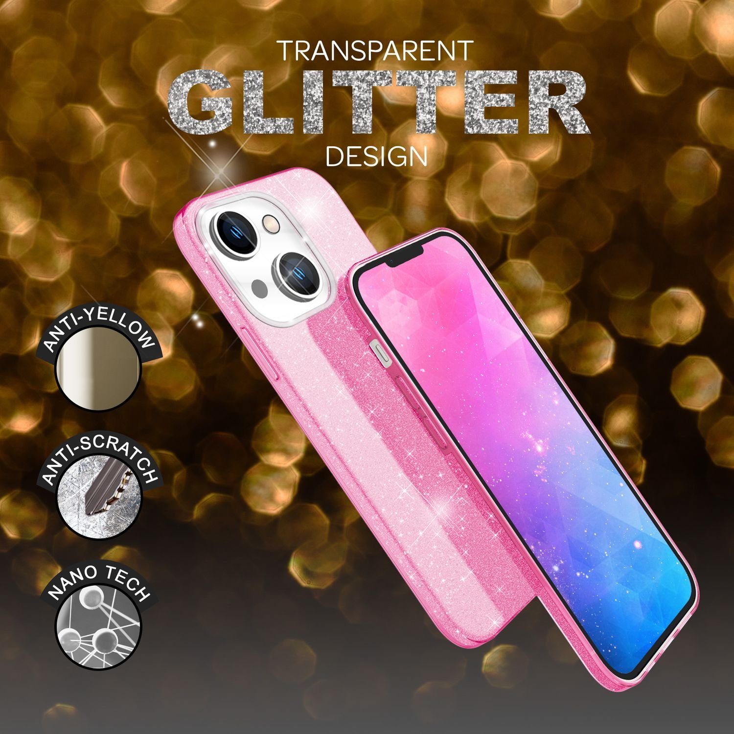 Nalia Smartphone-Hülle Apple iPhone 14 15,5 cm (6,1 Zoll), Glitzer Silikon Hülle / Verstärkte Innenseite / Glänzende Schutzhülle