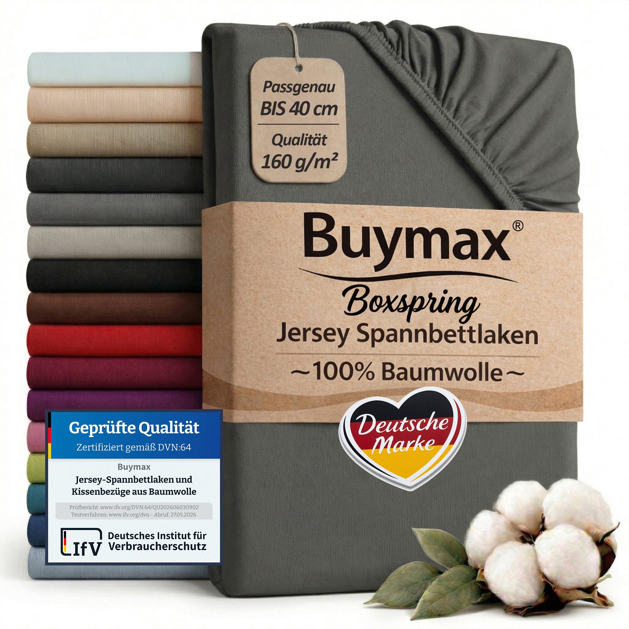 Buymax Spannbettlaken, Jersey, Gummizug: Rundumgummizug, (1 Stück), 100% Baumwolle, 160 g/m², passend für Boxspringbetten und Wasserbetten