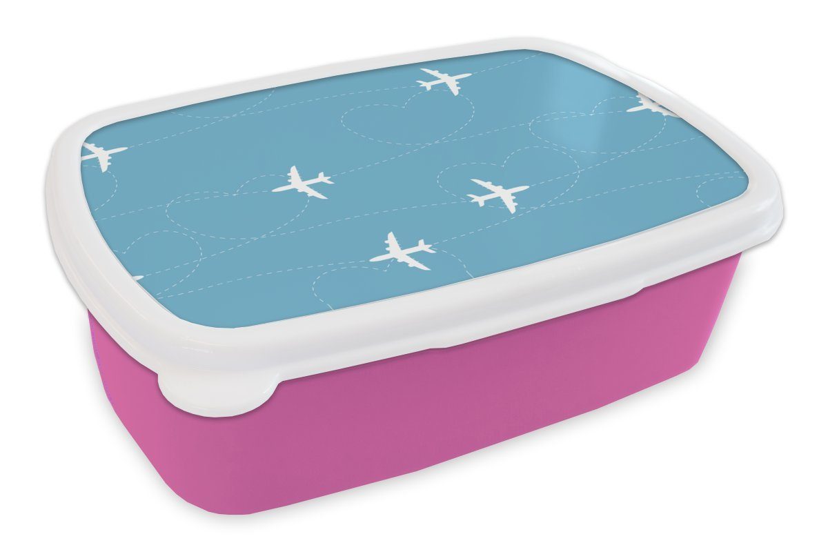 MuchoWow Lunchbox Flugzeug - Herz - Muster, Kunststoff, (2-tlg), Brotbox für Erwachsene, Brotdose Kinder, Snackbox, Mädchen, Kunststoff rosa