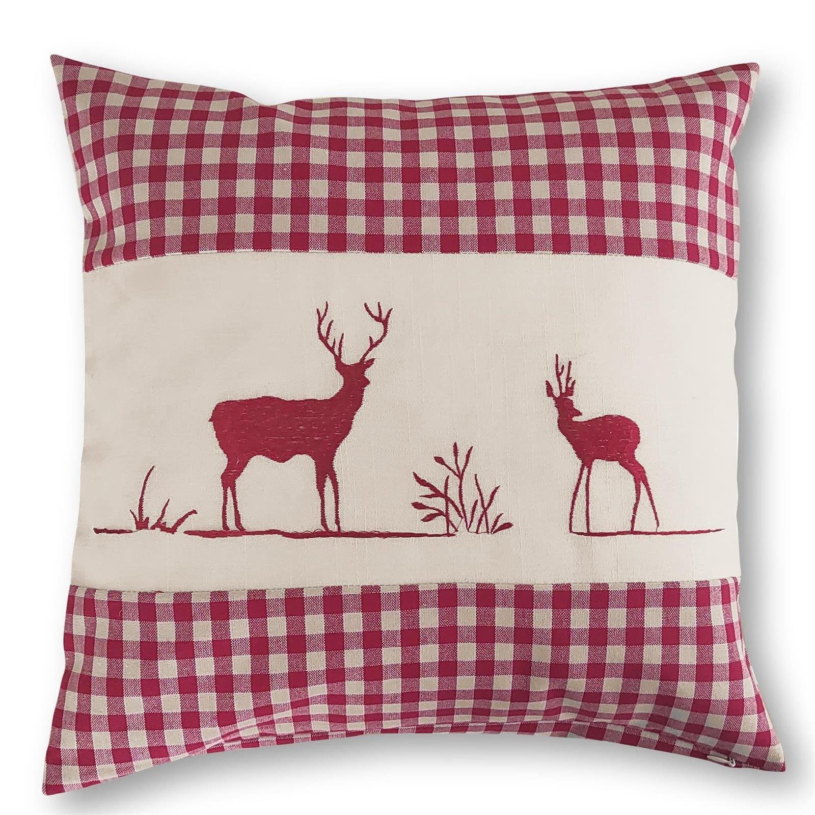 wometo Подушкиhülle Landhaus Karo mit Stickerei Herz oder Hirsch, 40x40 cm, (1 Stück), OEKO-TEX®, Karo, Herz- & Hirsch-Stickmotiv, Leinen-Look