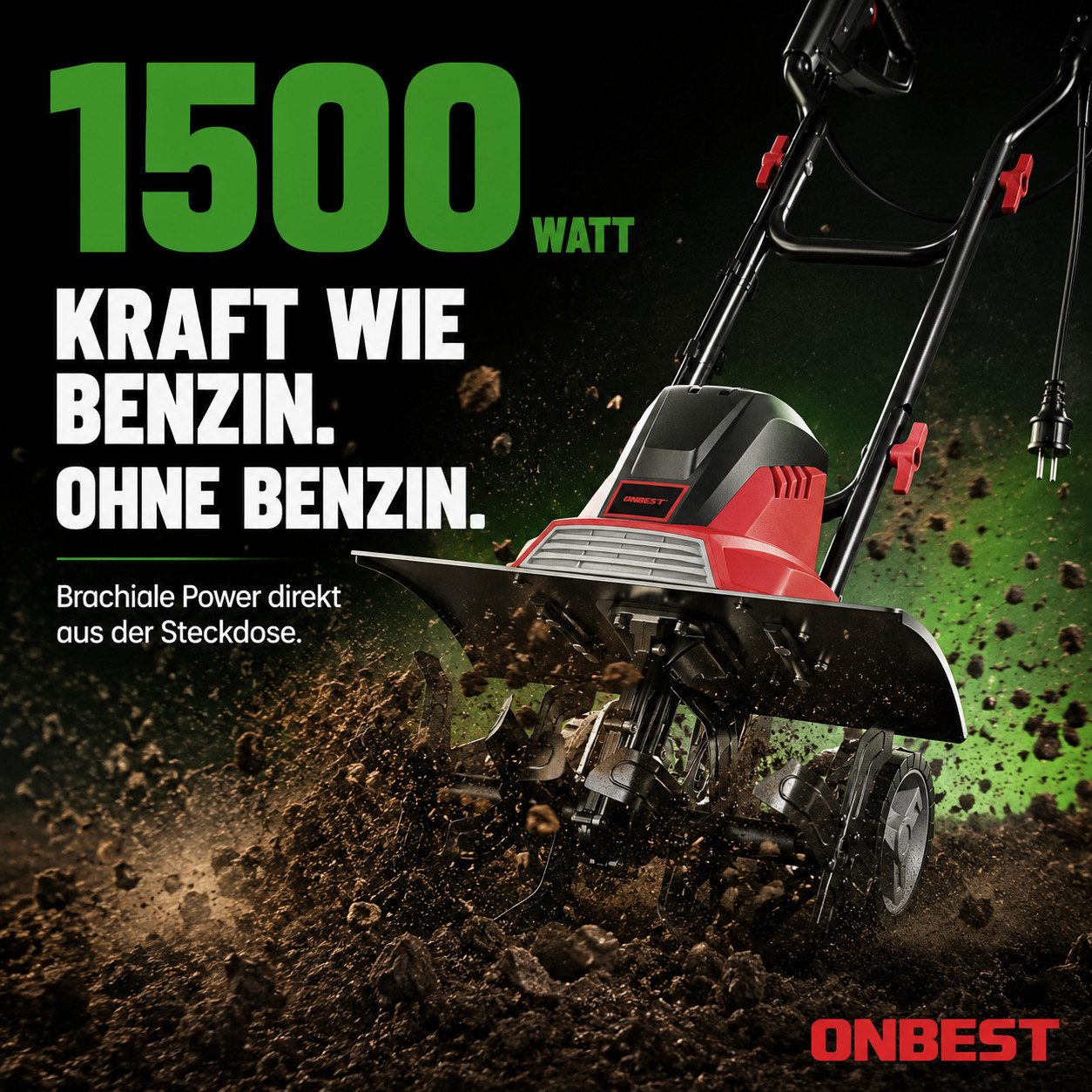 Onbest Elektromotorhacke Gartenfräse Bodenhacke T1545, 24 Messer, Transporträder, 10,5 kg, 45.00 cm Arbeitsbreite, 1500W, 20 cm Arbeitstiefe