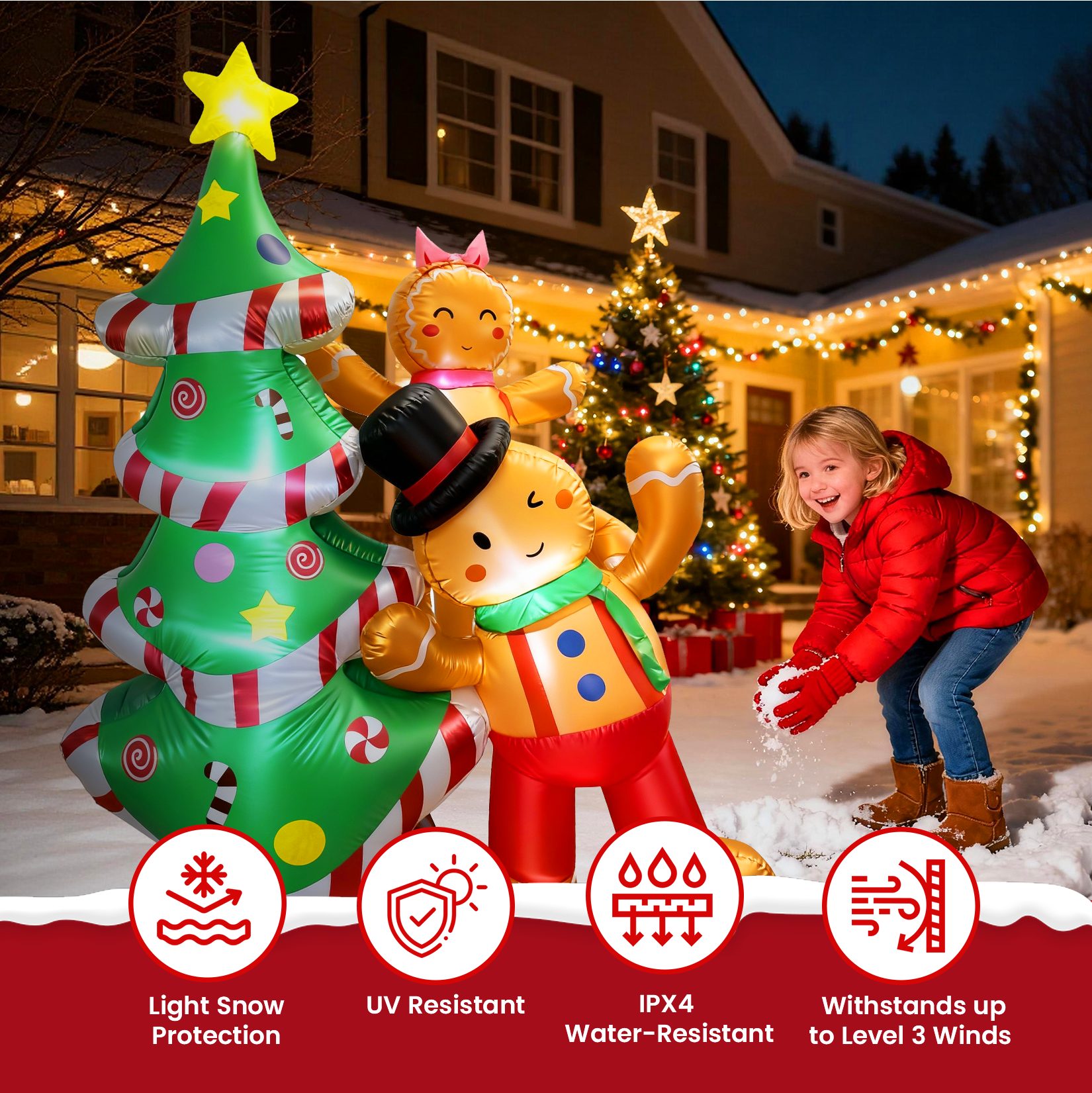 GVDV Weihnachtsfigur Aufblasbare Weihnachtsdeko 2,4 m Lebkuchenmann mit LED-Beleuchtung (Selbstaufblasende Weihnachtsbeleuchtung, 1 St), IP68 Wetterfest, für In – Bild 3 von 5