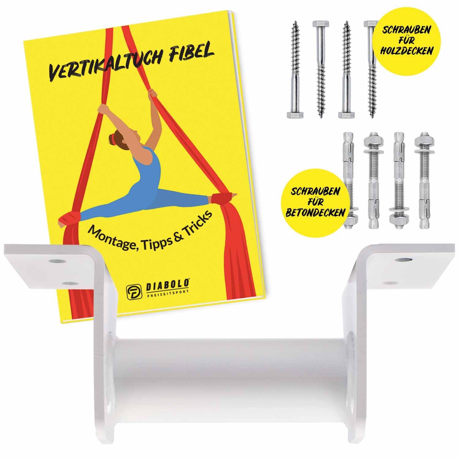 Diabolo Freizeitsport Nestschaukel Vertikaltuch Deckenhalterung schwarz oder weiß, (Aerial Silk Halterung aus Stahl für Luftakrobatik Training, 1-tlg., Aerial Rigging Ceiling Mount Weiß mit Montage Set), Vertikaltuch Deckenaufhängung (weiß) für niedrige Decken