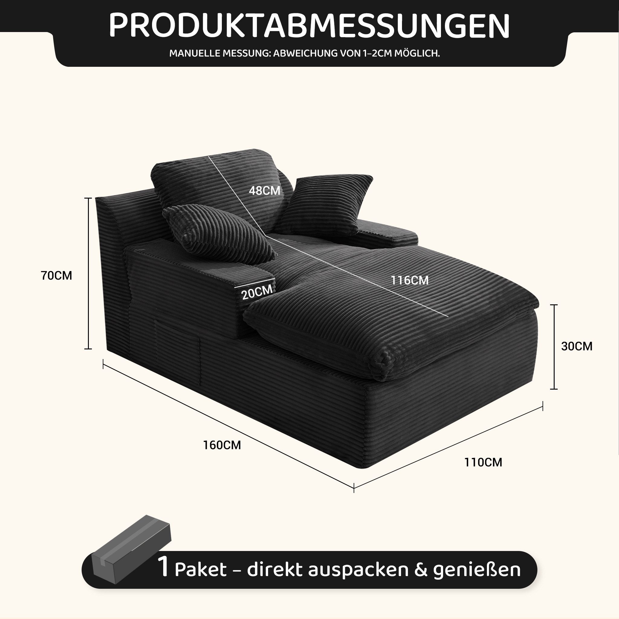 LITBIRD Chaiselongue 160 cm Loungesofa, Boneless Bodensofa & Schlafsofa mit Schlaffunktion, 1 Teile, Platzsparendes Cloud Sofa mit Armlehnen für Wohnzimmer