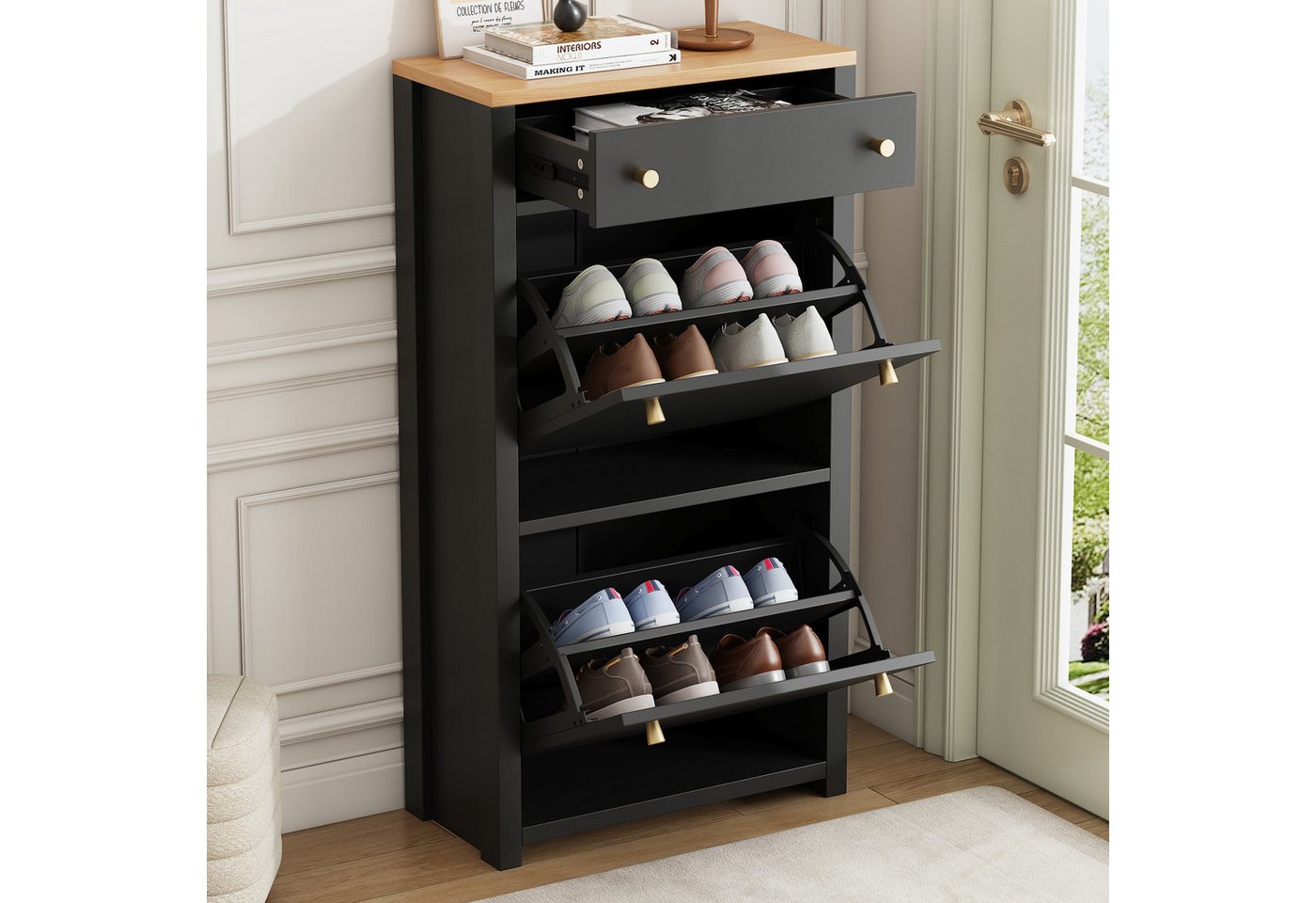 Merax Schuhschrank mit 2 Klappen und Schublade, Schmaler Schuhkommode (1-St., Schuhkipper mit Verstellbare Einlegeböden) Flur Aufbewahrungsschrank