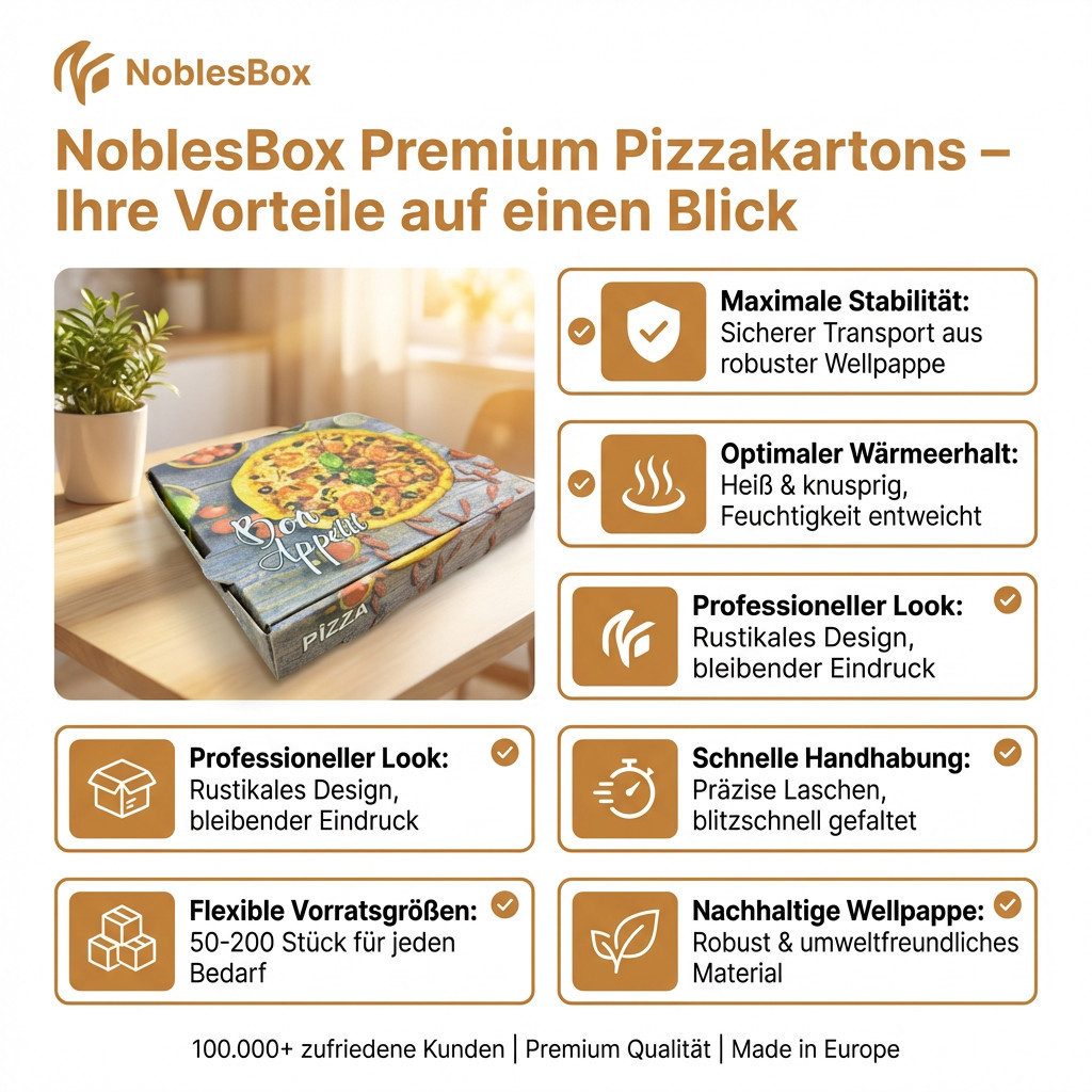 NoblesBox Karton Pizzakarton Set - Lieferdienst Verpackung - Stabil & Sicher 50-200 Stk, Stabile, Kraft, Pizza Box, Pizzeria