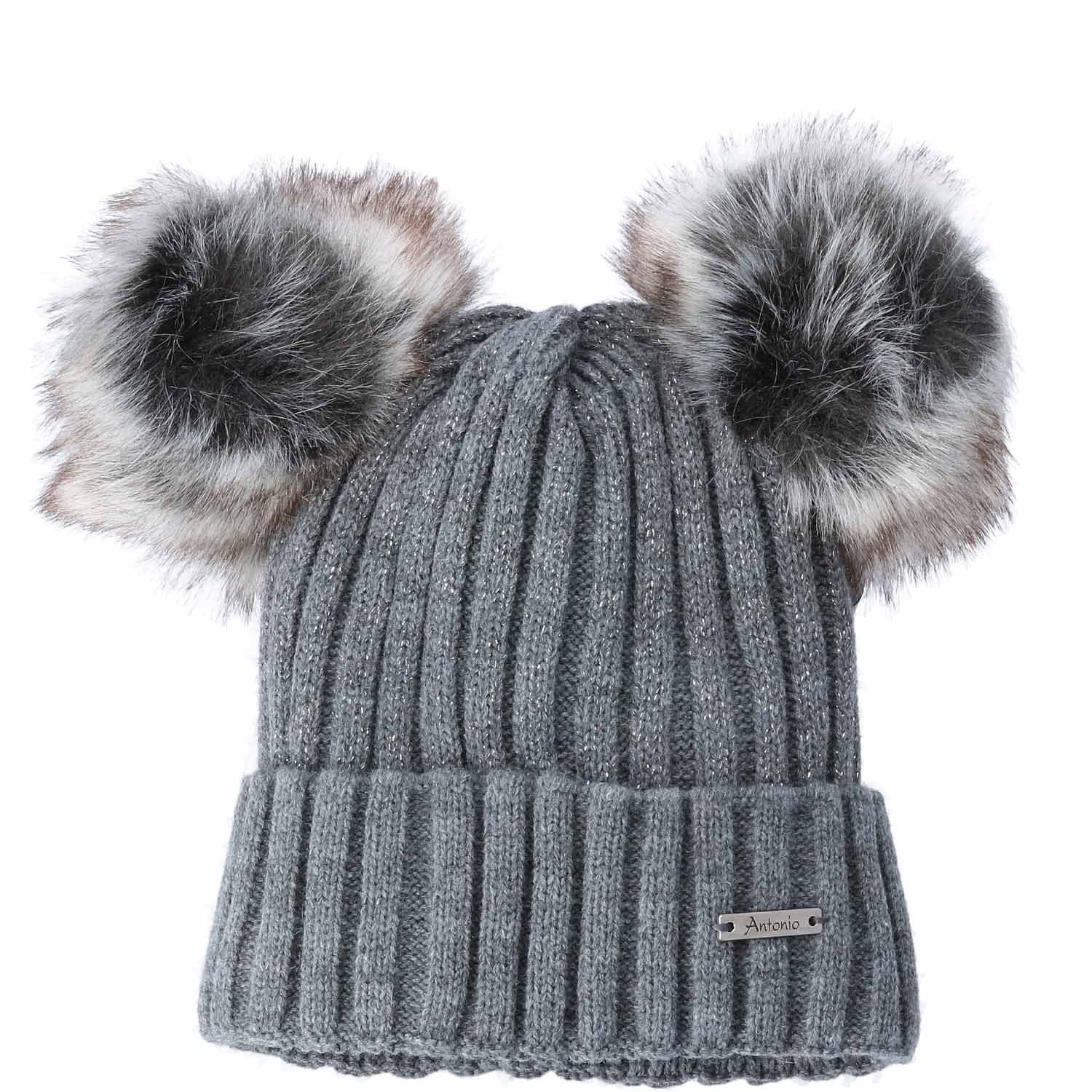 Antonio Strickmütze Antonio Lady Winter Hat Panda With 2 Pom Pom Beanie grau (1-St)