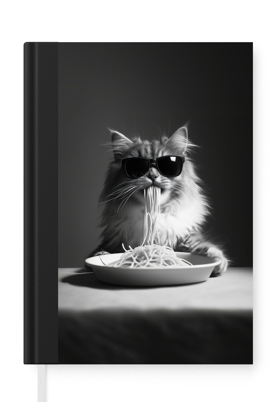 MuchoWow Notizbuch Langhaarkatze - Sonnenbrille - Spaghetti - Humor - Schwarz - Weiß, Notebook, Notizblock a5, Tagebuch, Journal Liniert